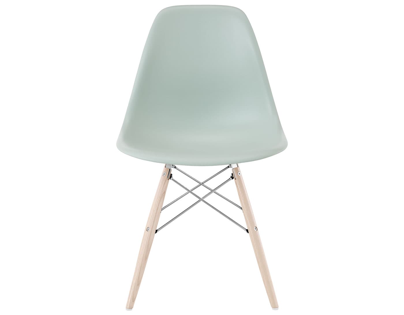 eames molded plastic side chair with dowel base / standard glides  / 100% recycled plastic - grey green  / white ash with white glides  / trivalent chrome