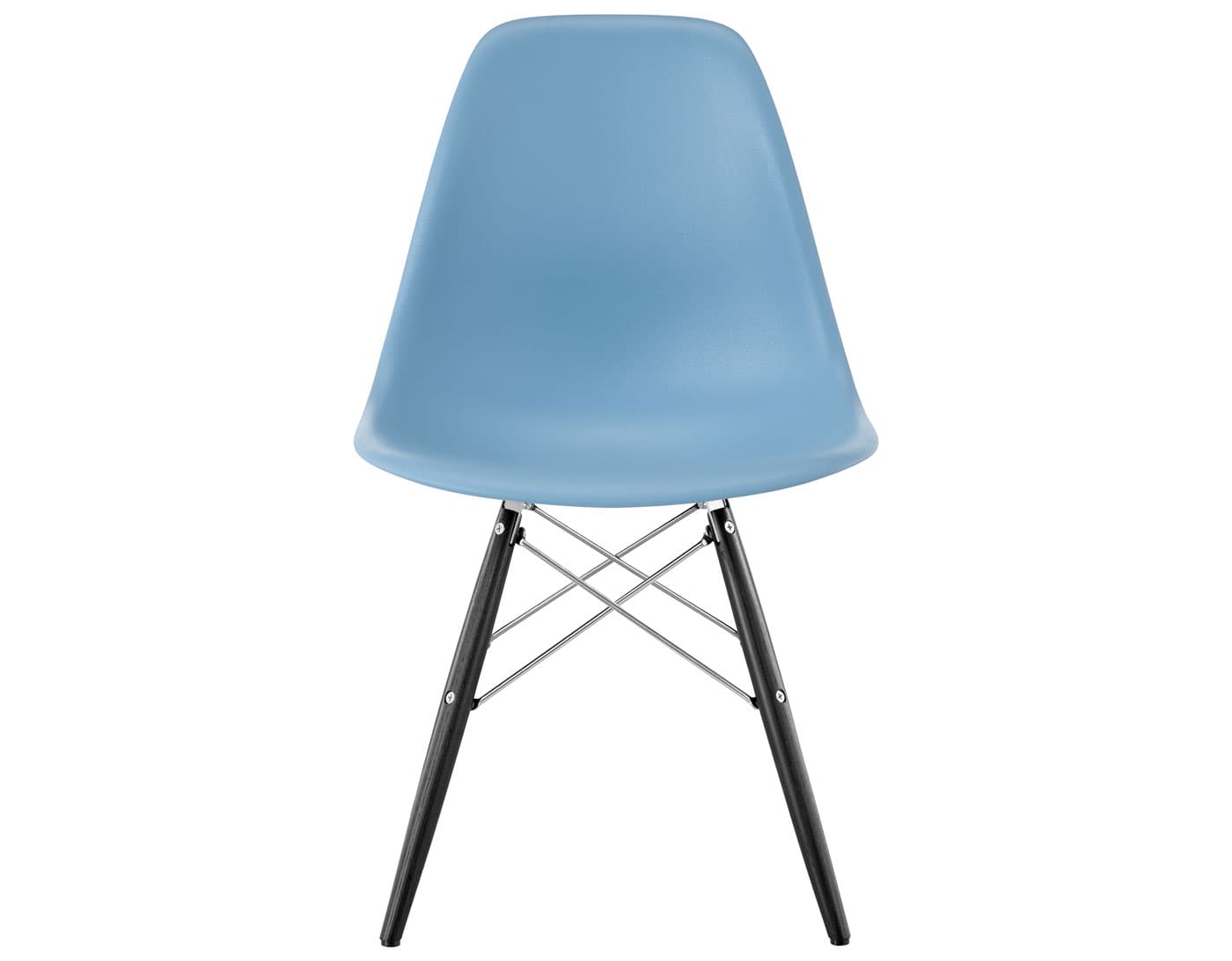 eames molded plastic side chair with dowel base / standard glides  / 100% recycled plastic - pale blue  / ebony with black glides  / trivalent chrome