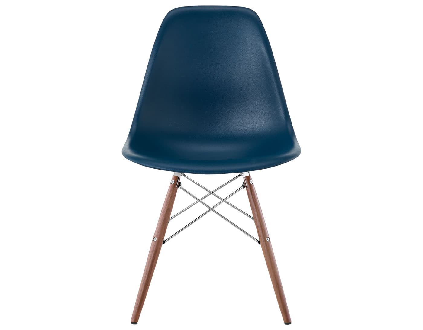 eames molded plastic side chair with dowel base / standard glides  / 100% recycled plastic - blue green  / walnut with black glides  / trivalent chrome