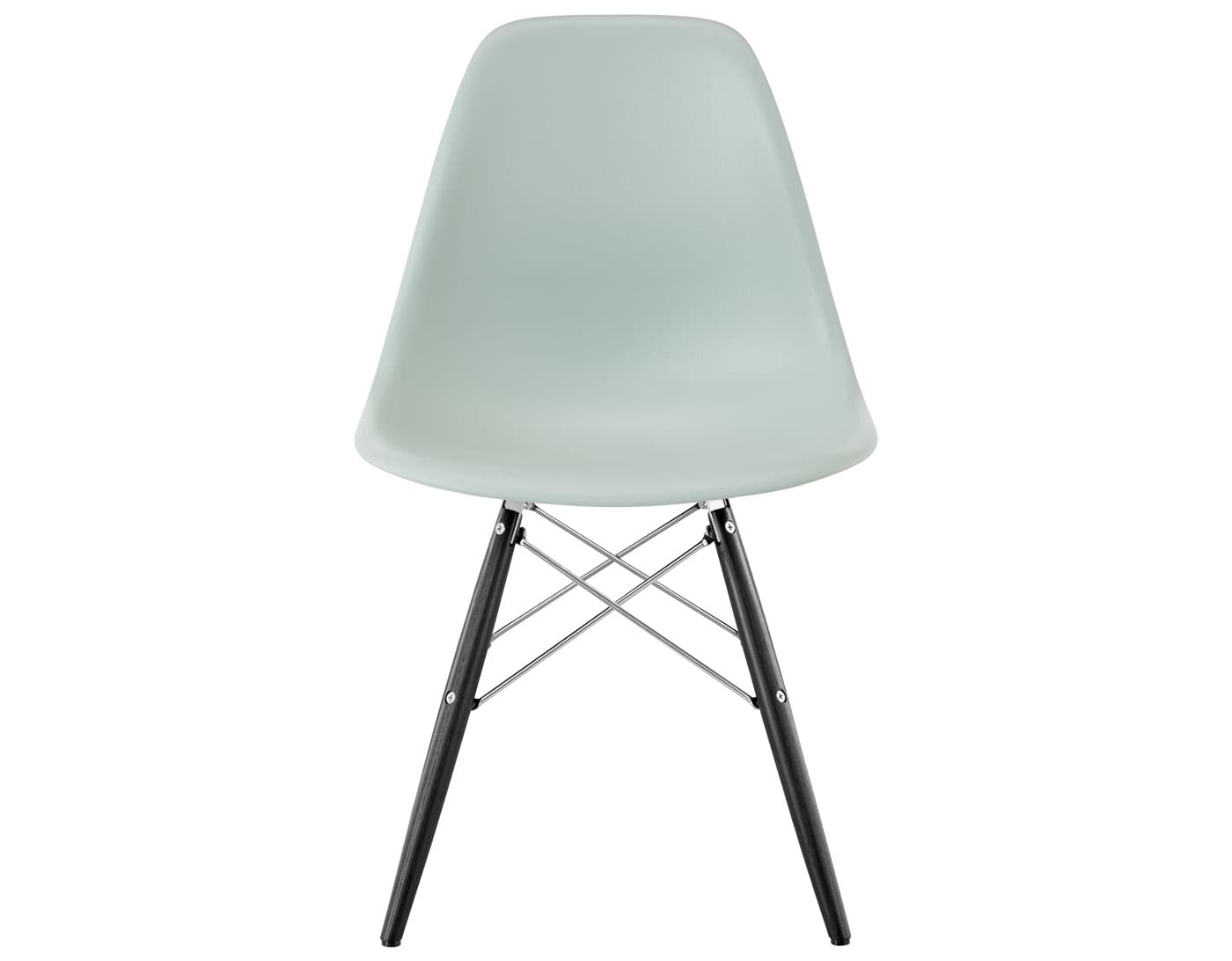 eames molded plastic side chair with dowel base / standard glides with felt bottom  / 100% recycled plastic - grey green  / ebony with black glides  / trivalent chrome