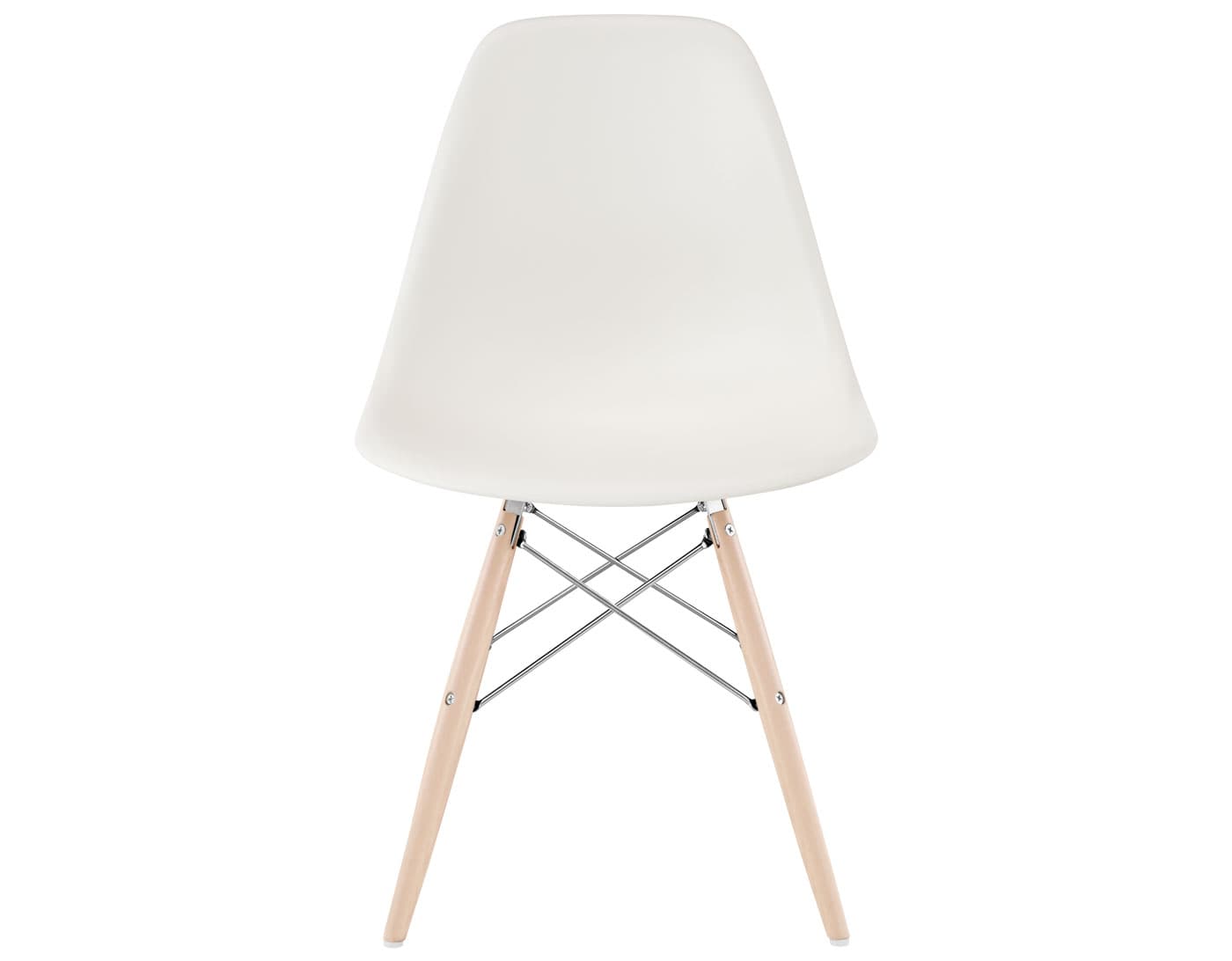 eames molded plastic side chair with dowel base / standard glides with felt bottom  / 100% recycled plastic - white  / maple with white glides  / trivalent chrome