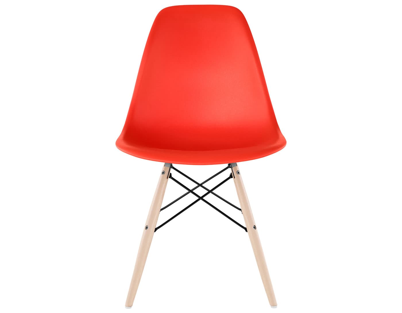 eames molded plastic side chair with dowel base / standard glides  / 100% recycled plastic - red orange  / maple with white glides  / black