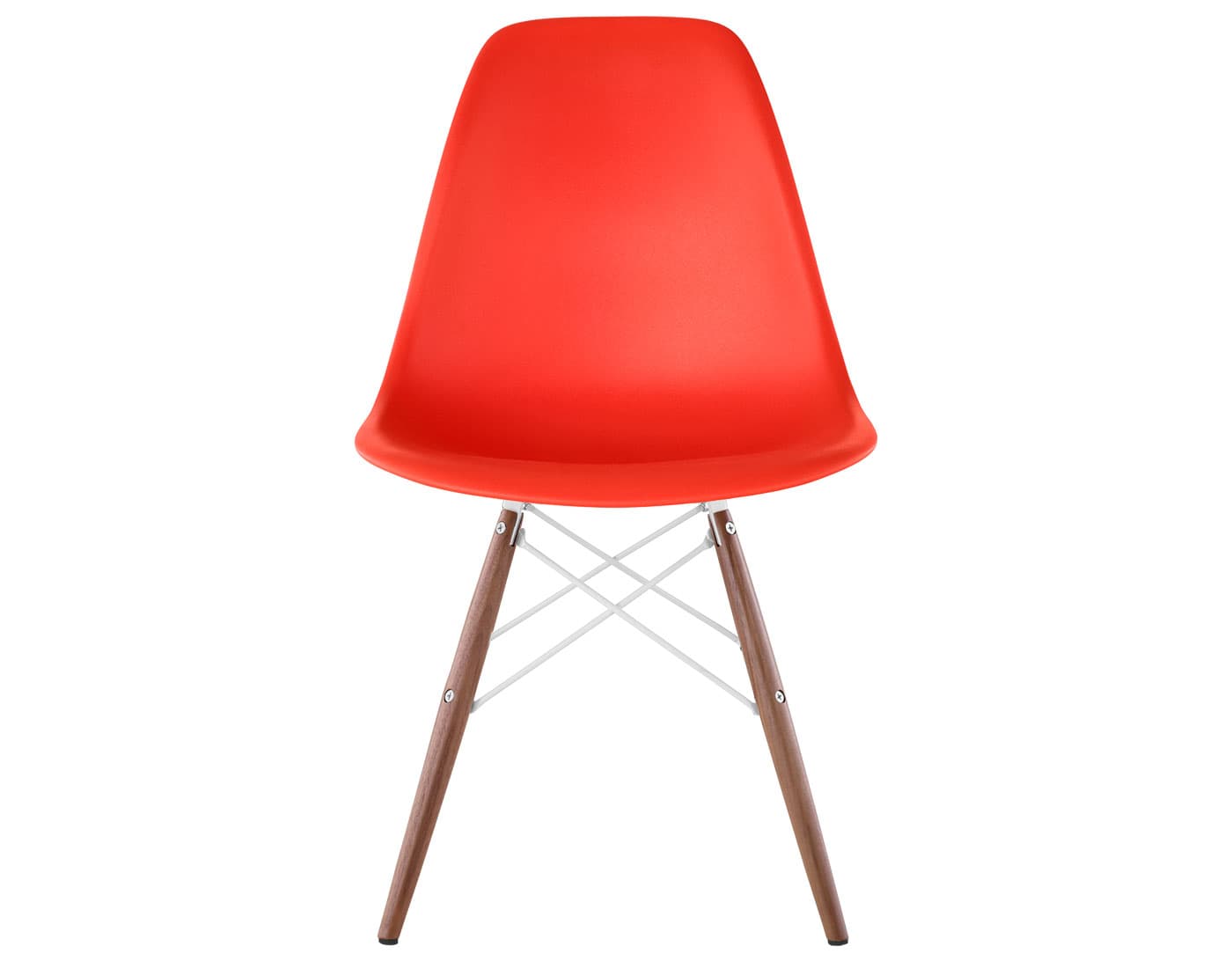 eames molded plastic side chair with dowel base / standard glides with felt bottom  / 100% recycled plastic - red orange  / walnut with black glides  / white
