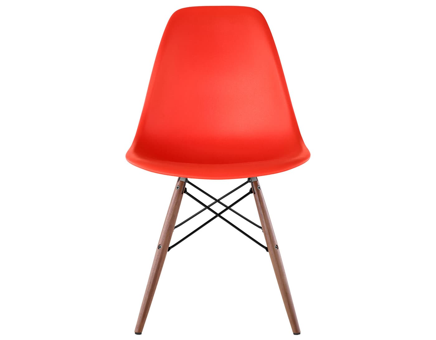 eames molded plastic side chair with dowel base / standard glides with felt bottom  / 100% recycled plastic - red orange  / walnut with black glides  / black