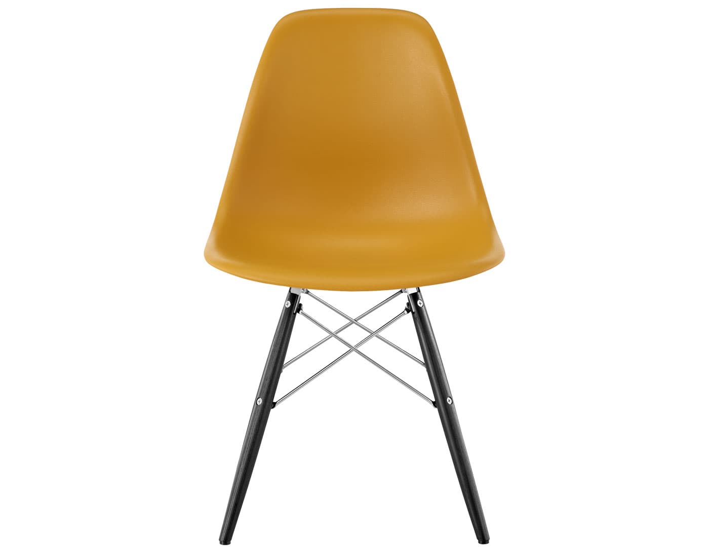 eames molded plastic side chair with dowel base / standard glides  / 100% recycled plastic - deep yellow  / ebony with black glides  / trivalent chrome
