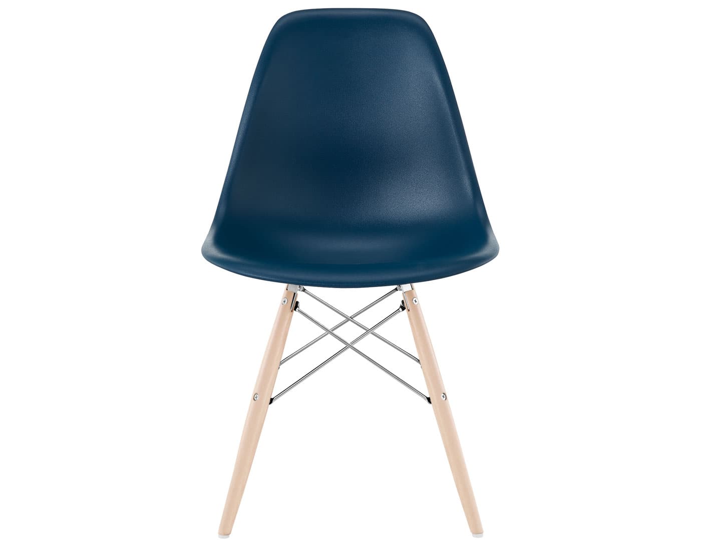 eames molded plastic side chair with dowel base / standard glides  / 100% recycled plastic - blue green  / maple with white glides  / trivalent chrome