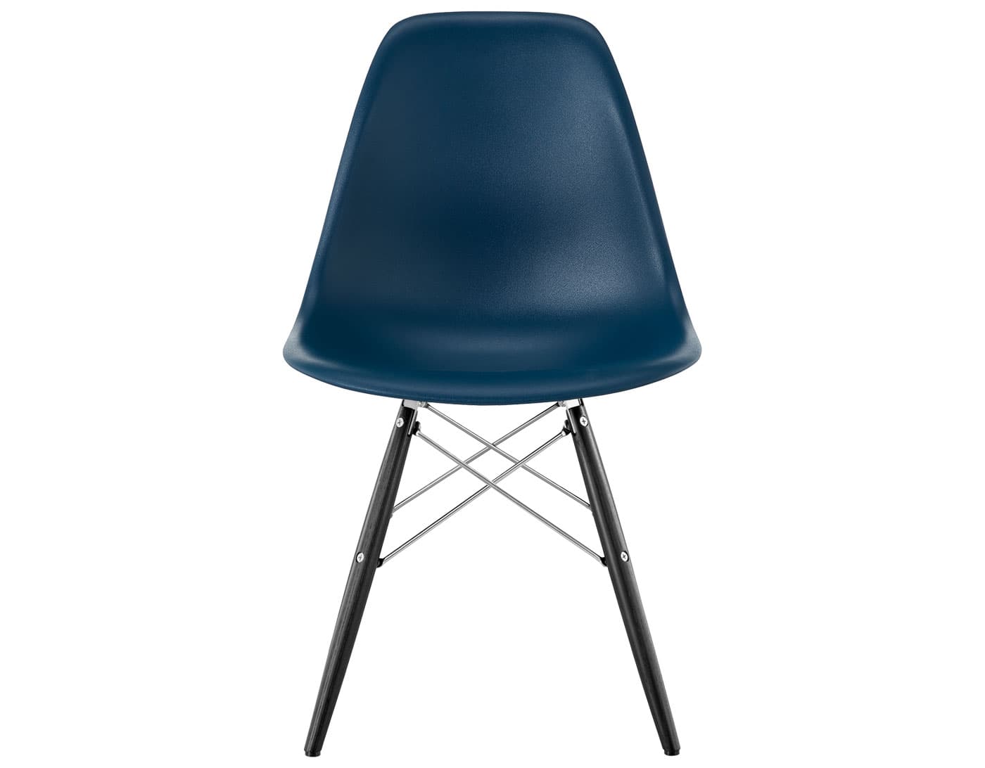 eames molded plastic side chair with dowel base / standard glides with felt bottom  / 100% recycled plastic - blue green  / ebony with black glides  / trivalent chrome