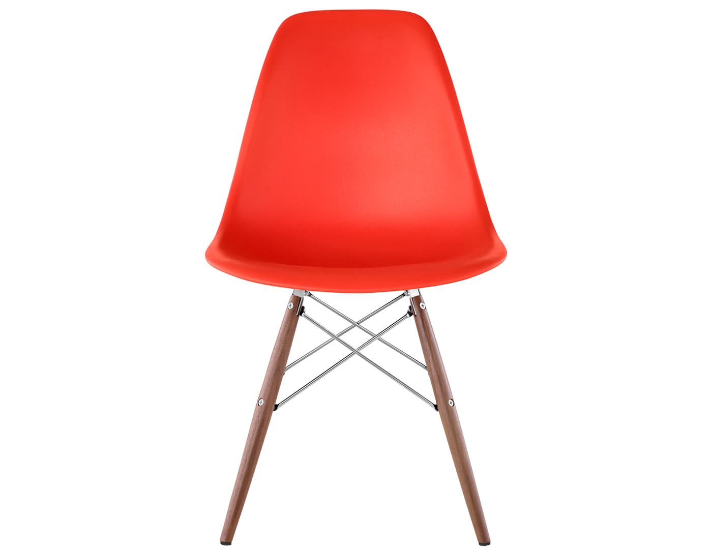 eames molded plastic side chair with dowel base / standard glides  / 100% recycled plastic - red orange  / walnut with black glides  / trivalent chrome