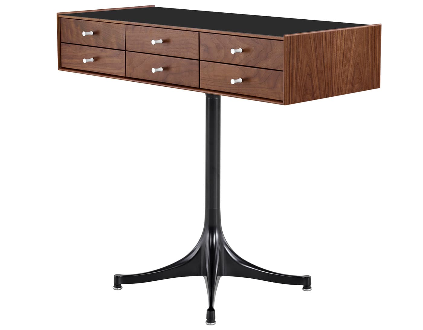 nelson miniature chest 6 drawer / walnut case & walnut drawers  / studio white  / black pedestal base  / black laminate