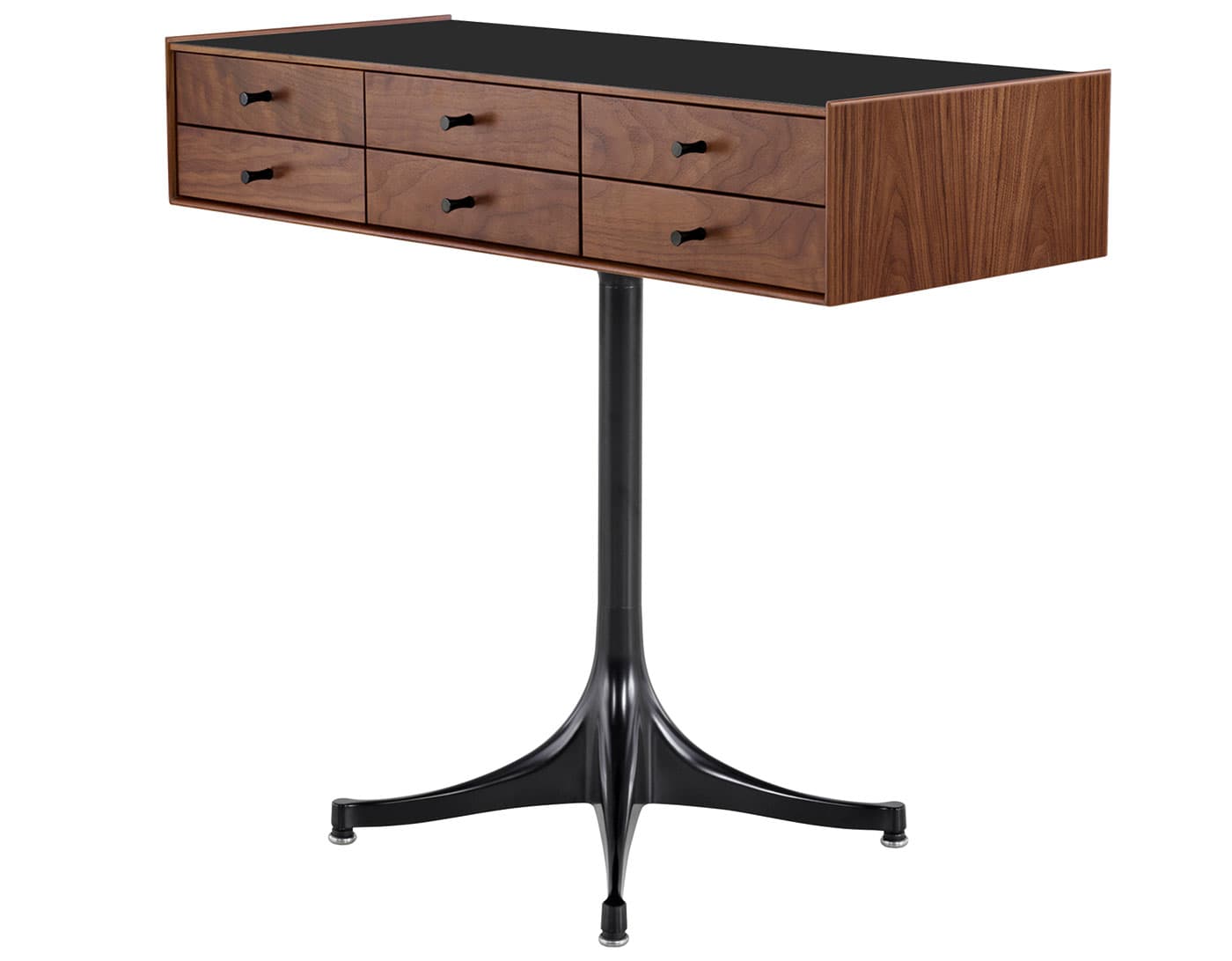 nelson miniature chest 6 drawer / walnut case & walnut drawers  / black  / black pedestal base  / black laminate