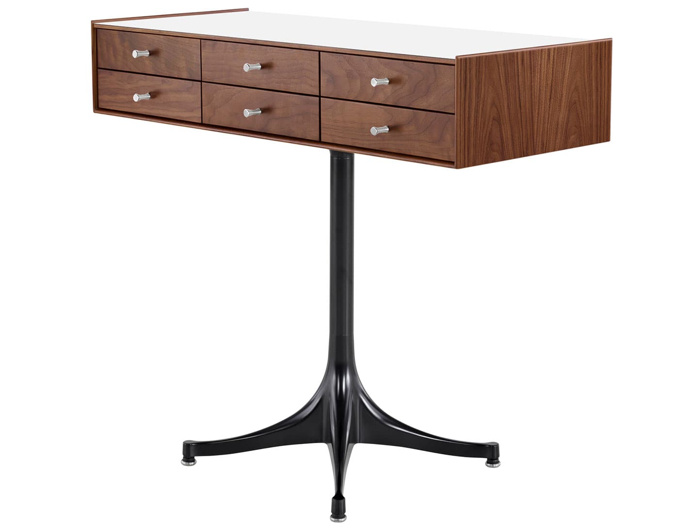 nelson miniature chest 6 drawer / walnut case & walnut drawers  / polished aluminum  / black pedestal base  / studio white laminate