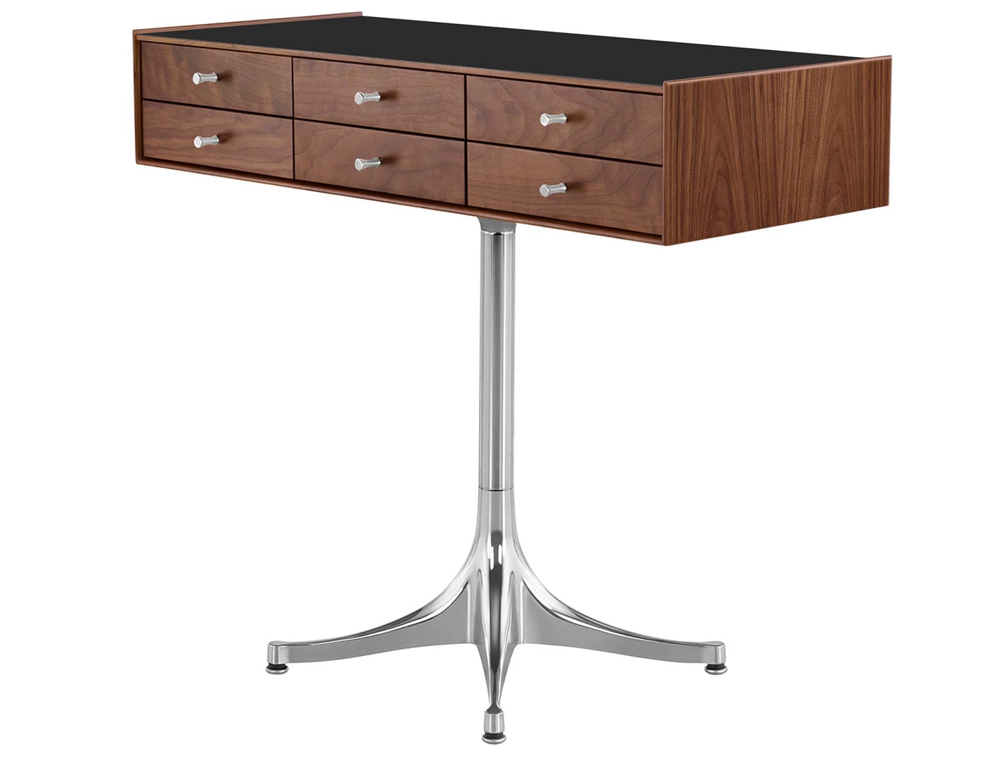nelson miniature chest 6 drawer / walnut case & walnut drawers  / polished aluminum  / polished aluminum pedestal base  / black laminate