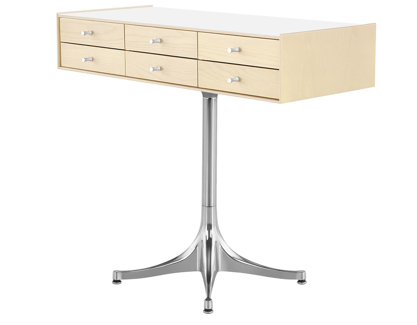 nelson miniature chest 6 drawer / white ash case & white ash drawers  / studio white  / polished aluminum pedestal base  / studio white laminate