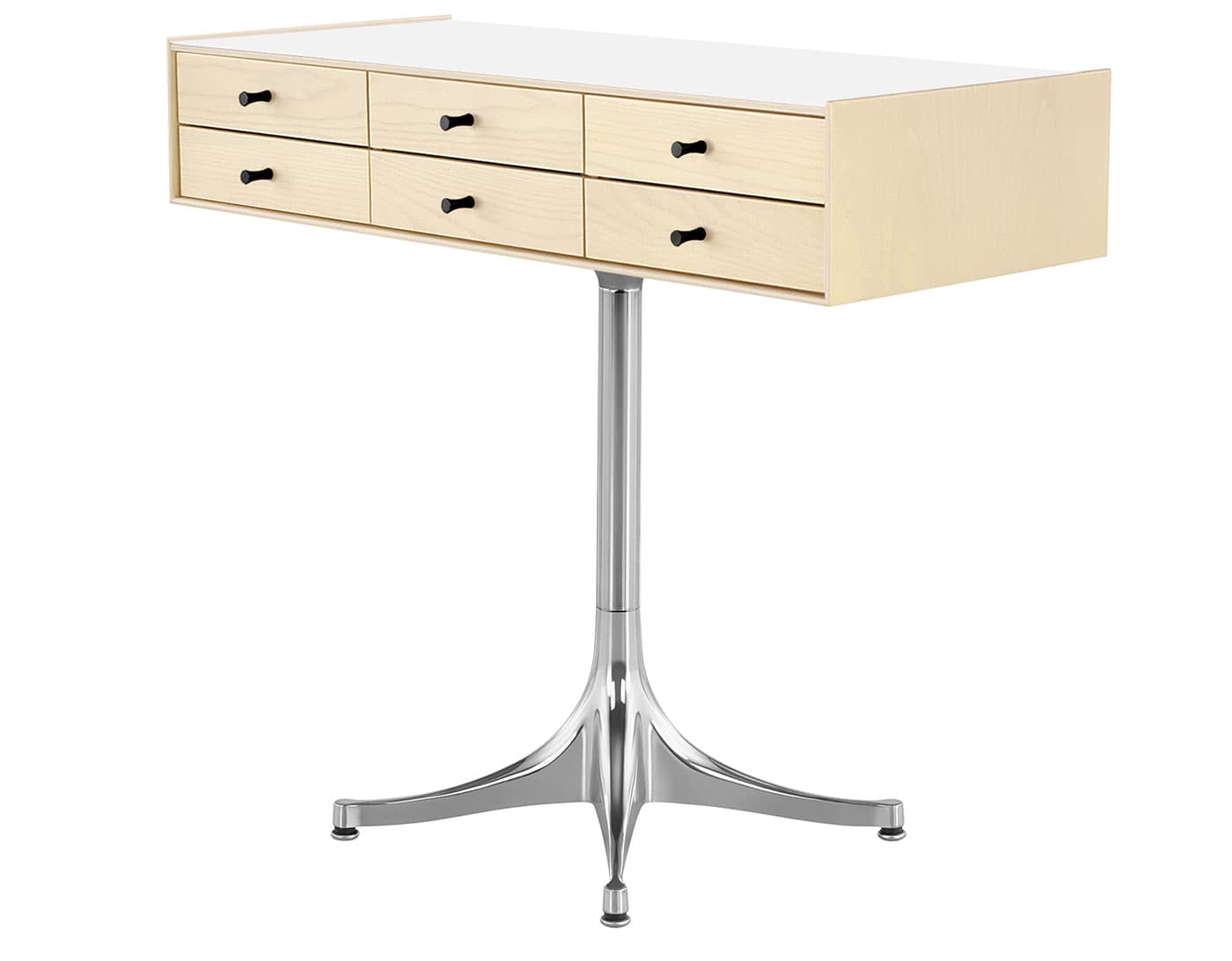 nelson miniature chest 6 drawer / white ash case & white ash drawers  / black  / polished aluminum pedestal base  / studio white laminate
