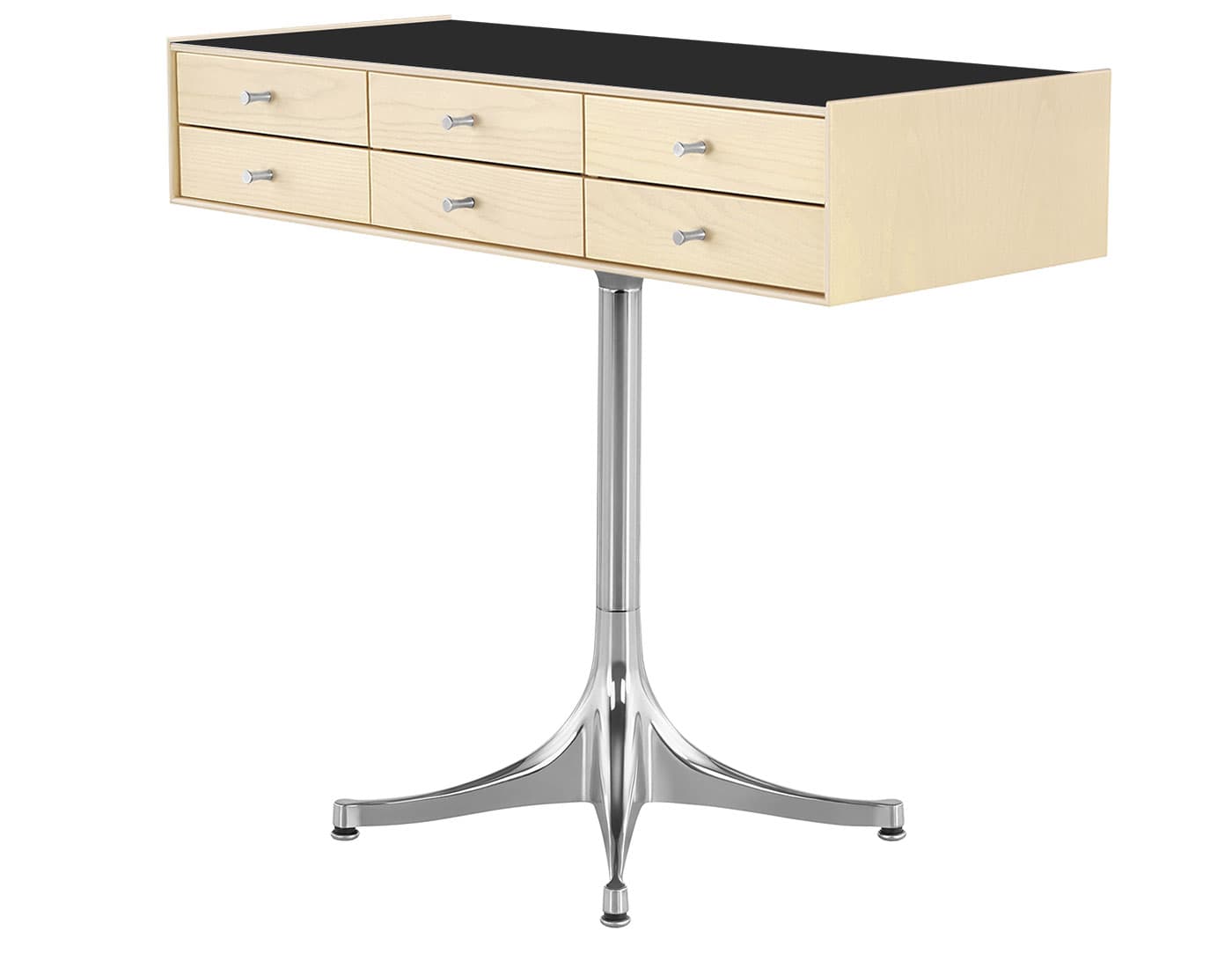 nelson miniature chest 6 drawer / white ash case & white ash drawers  / polished aluminum  / polished aluminum pedestal base  / black laminate