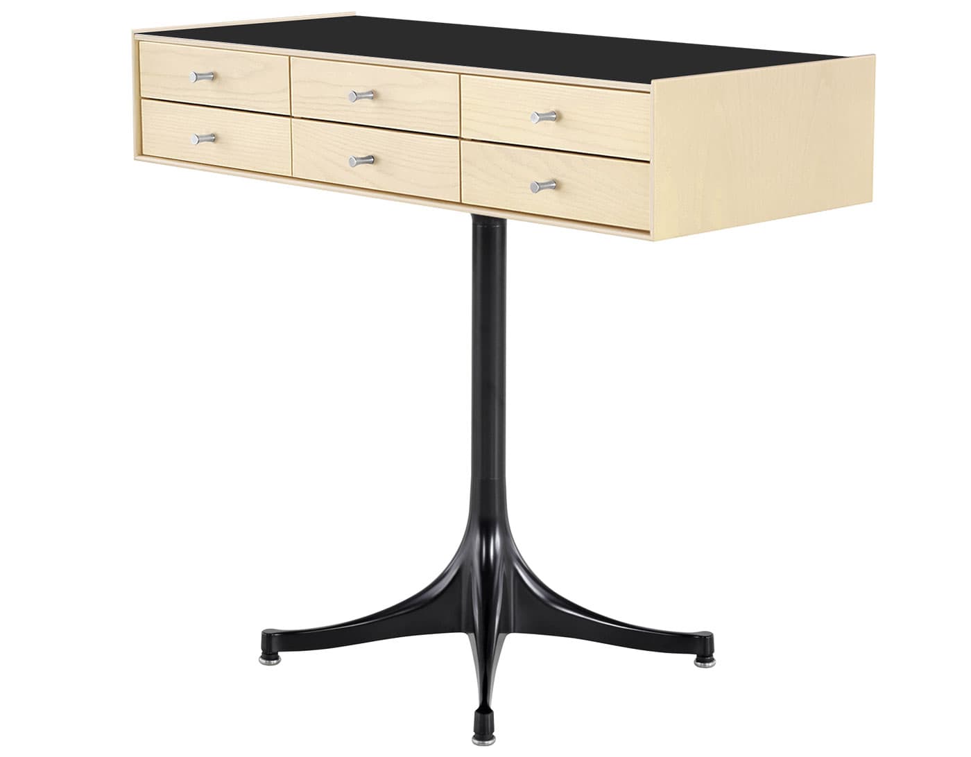 nelson miniature chest 6 drawer / white ash case & white ash drawers  / polished aluminum  / black pedestal base  / black laminate