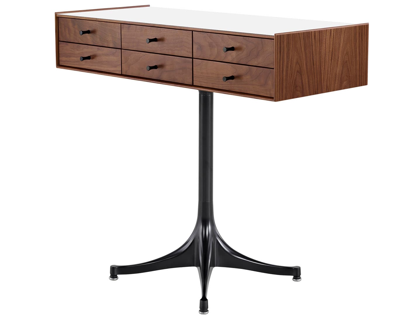 nelson miniature chest 6 drawer / walnut case & walnut drawers  / black  / black pedestal base  / studio white laminate