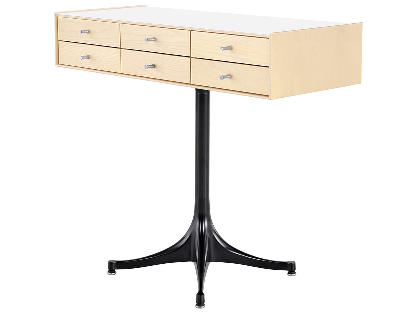 nelson miniature chest 6 drawer / white ash case & white ash drawers  / polished aluminum  / black pedestal base  / studio white laminate