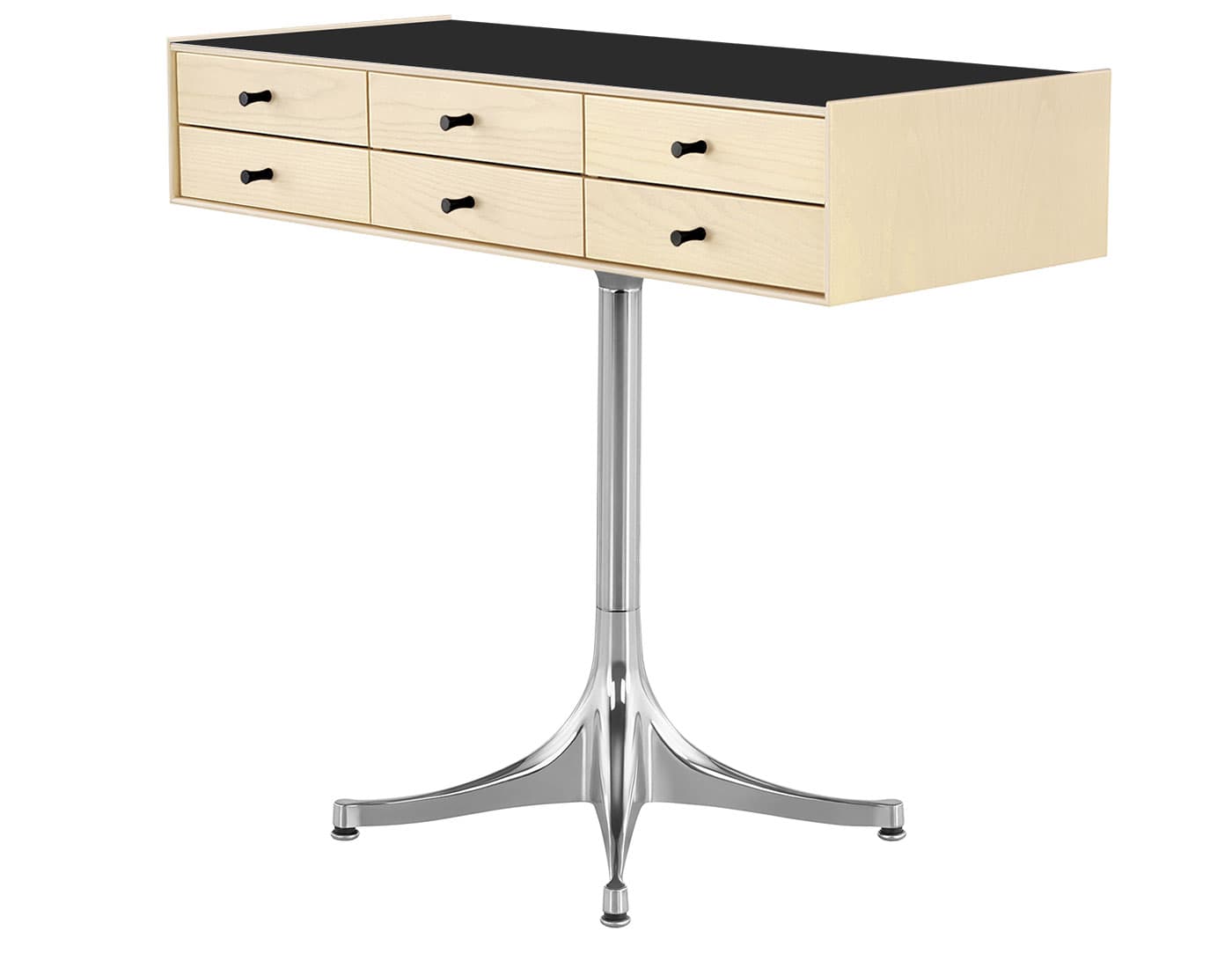 nelson miniature chest 6 drawer / white ash case & white ash drawers  / black  / polished aluminum pedestal base  / black laminate