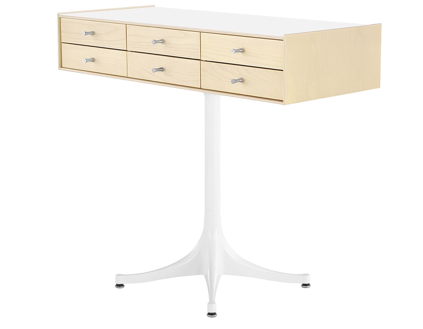 nelson miniature chest 6 drawer / white ash case & white ash drawers  / polished aluminum  / studio white pedestal base  / studio white laminate