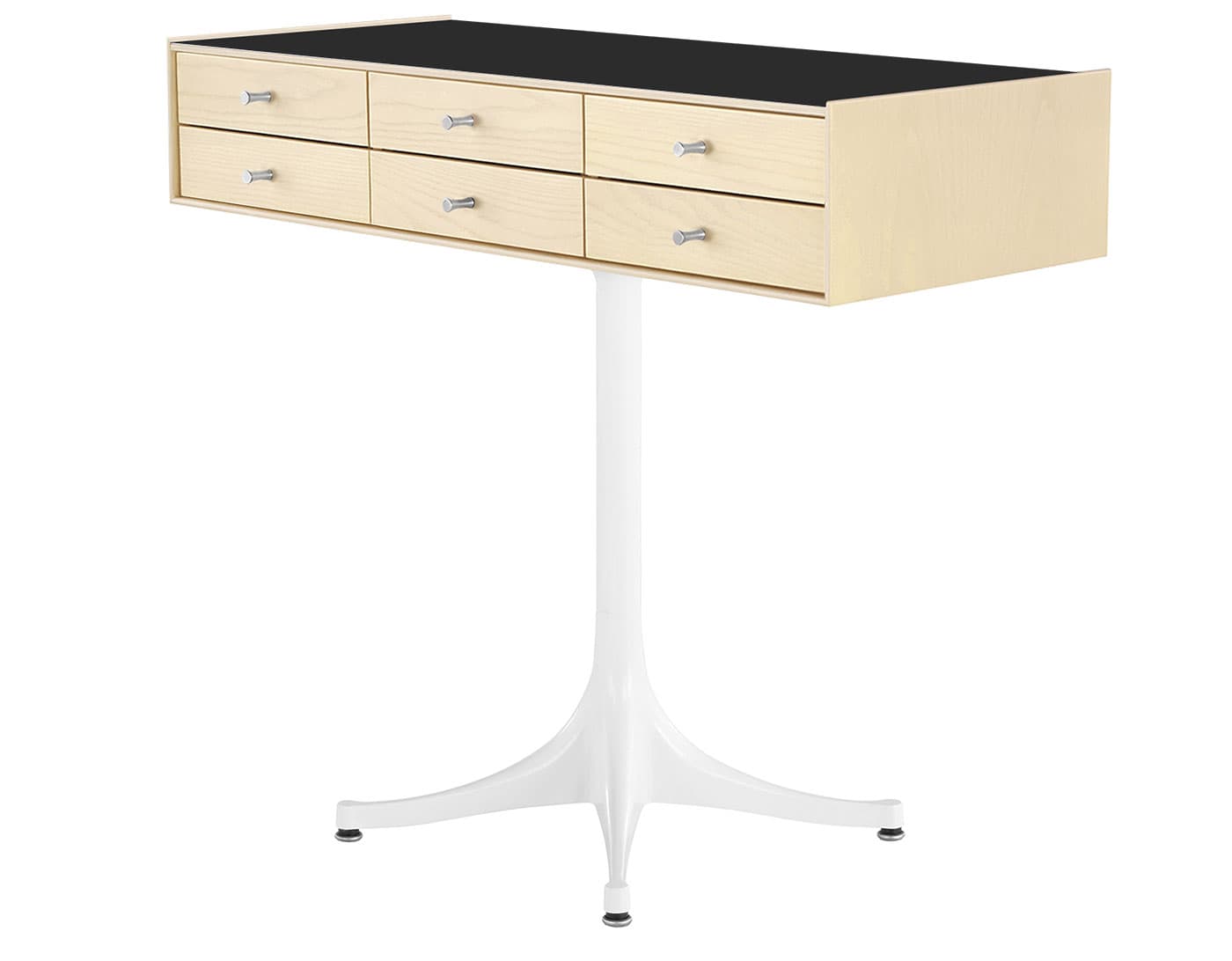 nelson miniature chest 6 drawer / white ash case & white ash drawers  / polished aluminum  / studio white pedestal base  / black laminate