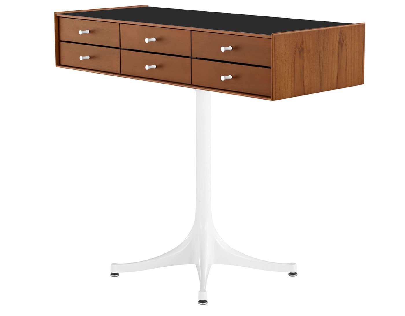 nelson miniature chest 6 drawer / teak case & teak drawers  / studio white  / studio white pedestal base  / black laminate