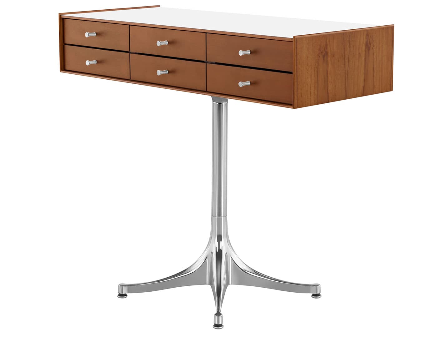 nelson miniature chest 6 drawer / teak case & teak drawers  / polished aluminum  / polished aluminum pedestal base  / studio white laminate