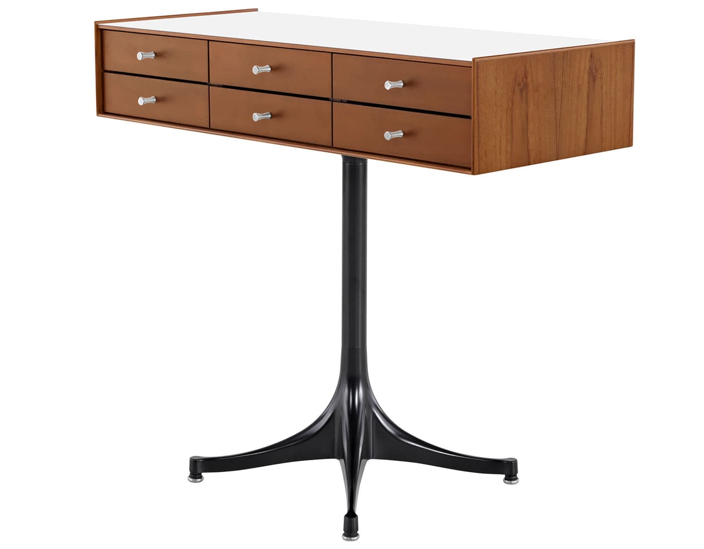 nelson miniature chest 6 drawer / teak case & teak drawers  / polished aluminum  / black pedestal base  / studio white laminate