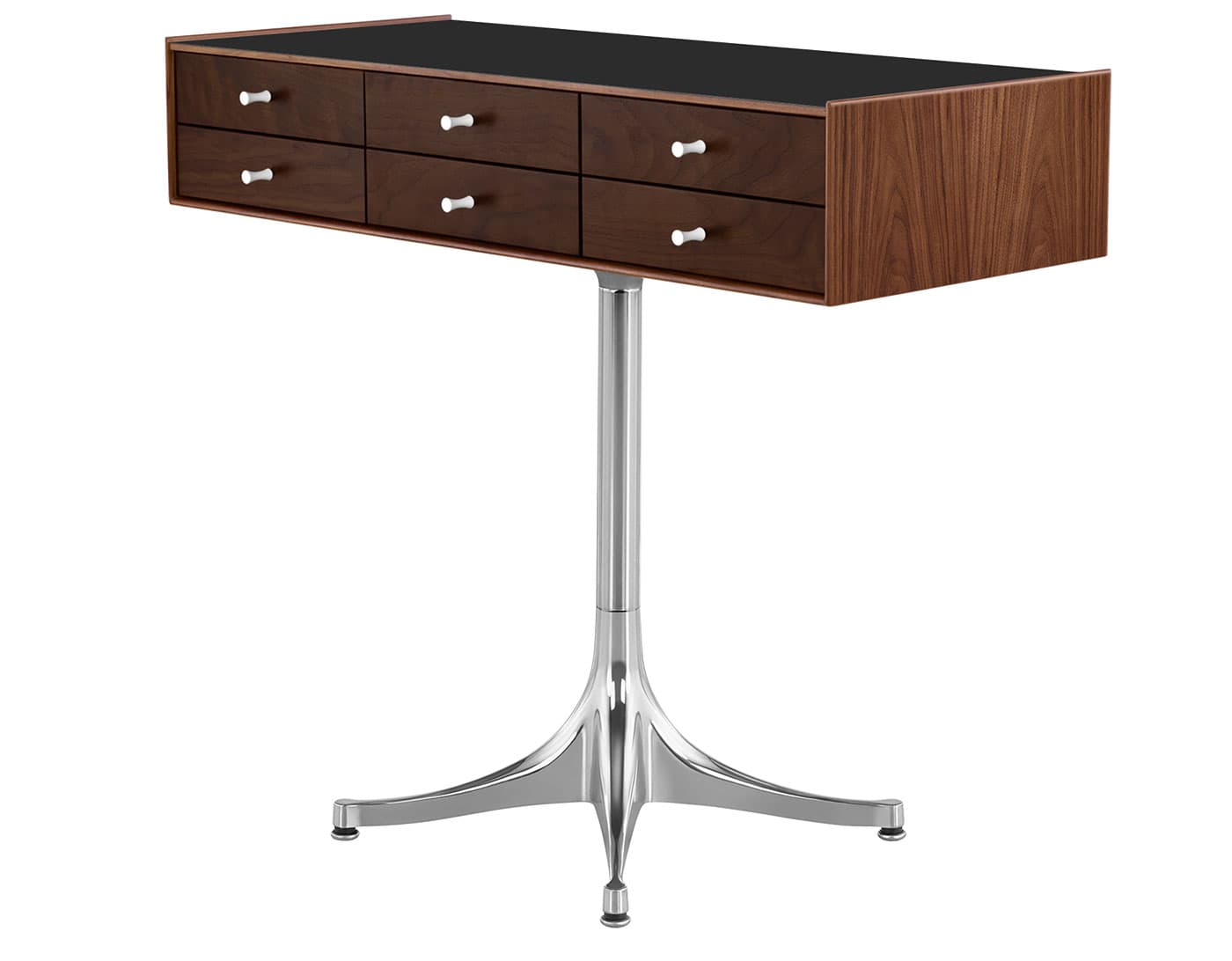 nelson miniature chest 6 drawer / walnut case & dark brown walnut drawers combination  / studio white  / polished aluminum pedestal base  / black laminate