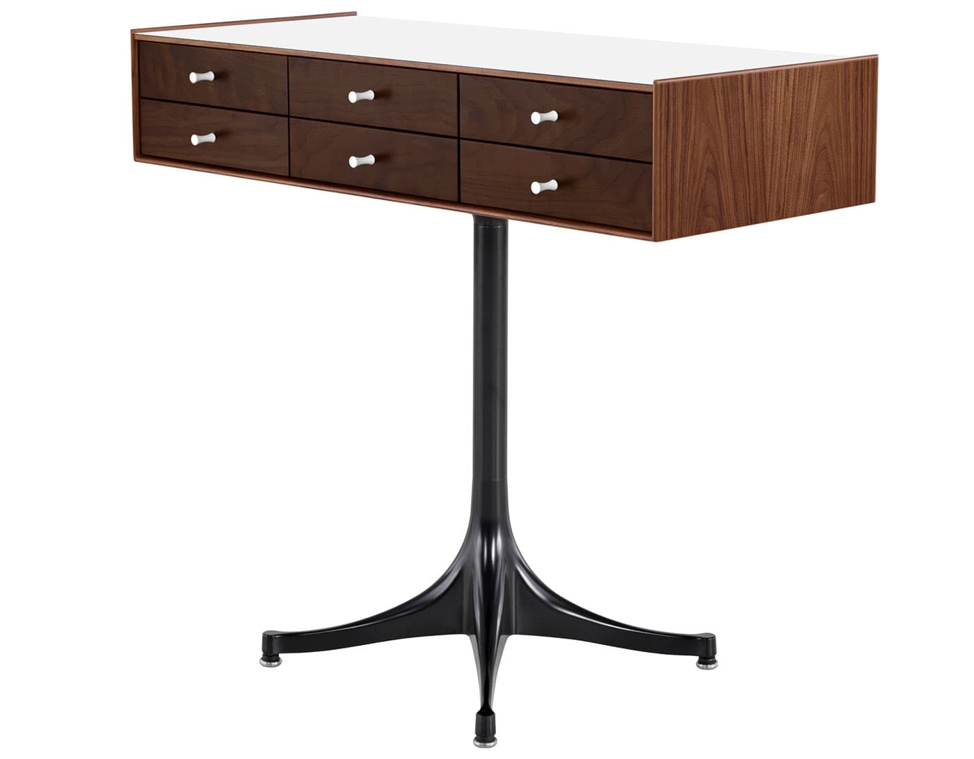 nelson miniature chest 6 drawer / walnut case & dark brown walnut drawers combination  / studio white  / black pedestal base  / studio white laminate
