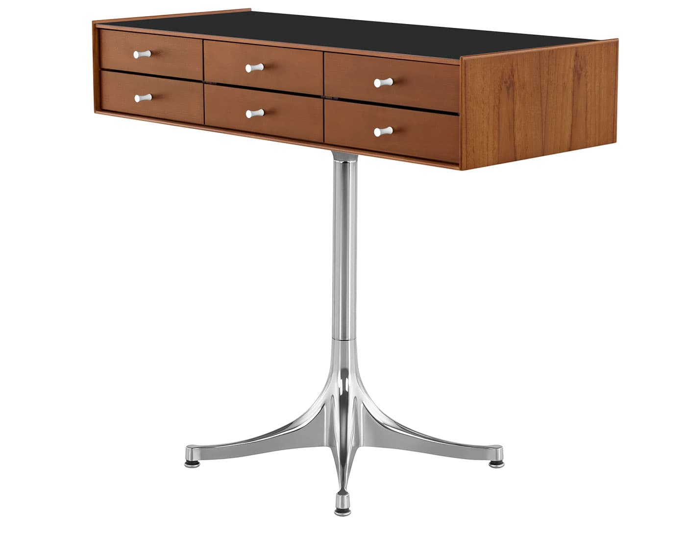 nelson miniature chest 6 drawer / teak case & teak drawers  / studio white  / polished aluminum pedestal base  / black laminate