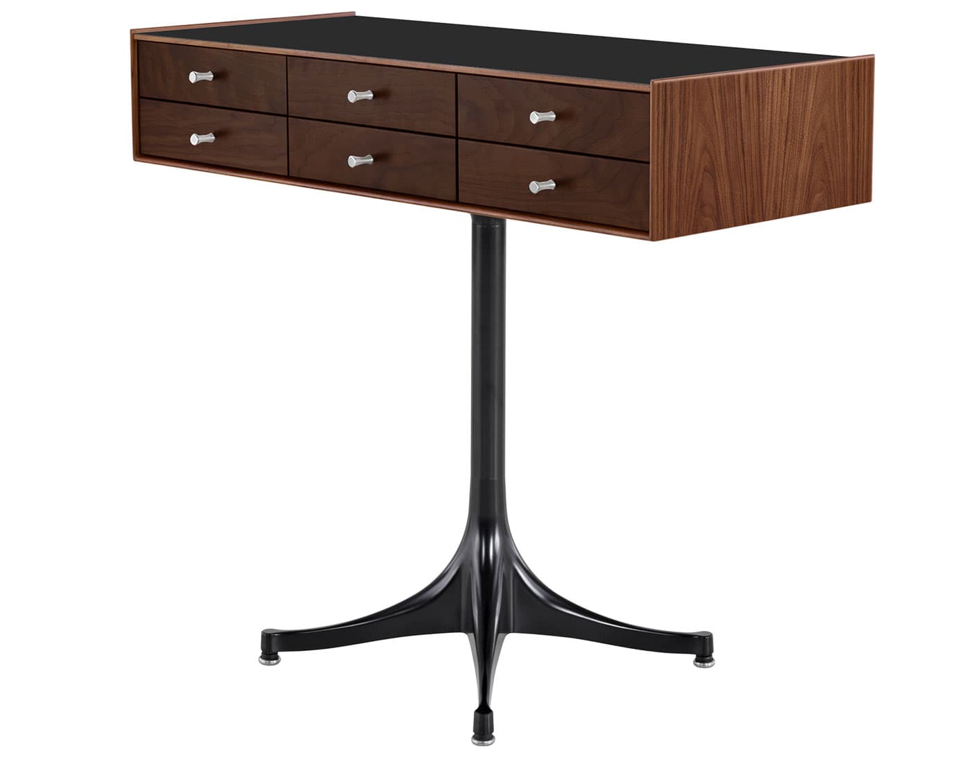 nelson miniature chest 6 drawer / walnut case & dark brown walnut drawers combination  / polished aluminum  / black pedestal base  / black laminate