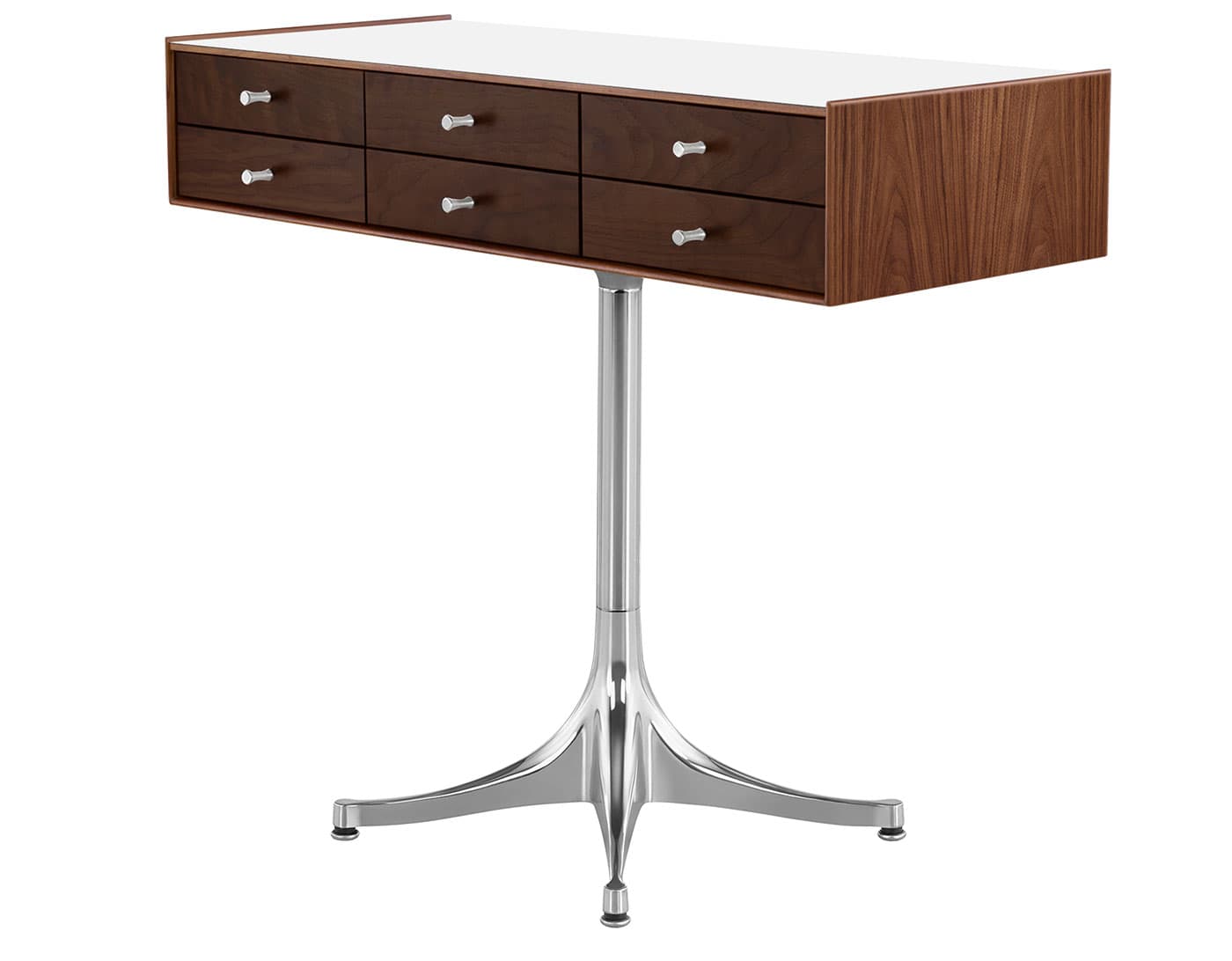 nelson miniature chest 6 drawer / walnut case & dark brown walnut drawers combination  / polished aluminum  / polished aluminum pedestal base  / studio white laminate