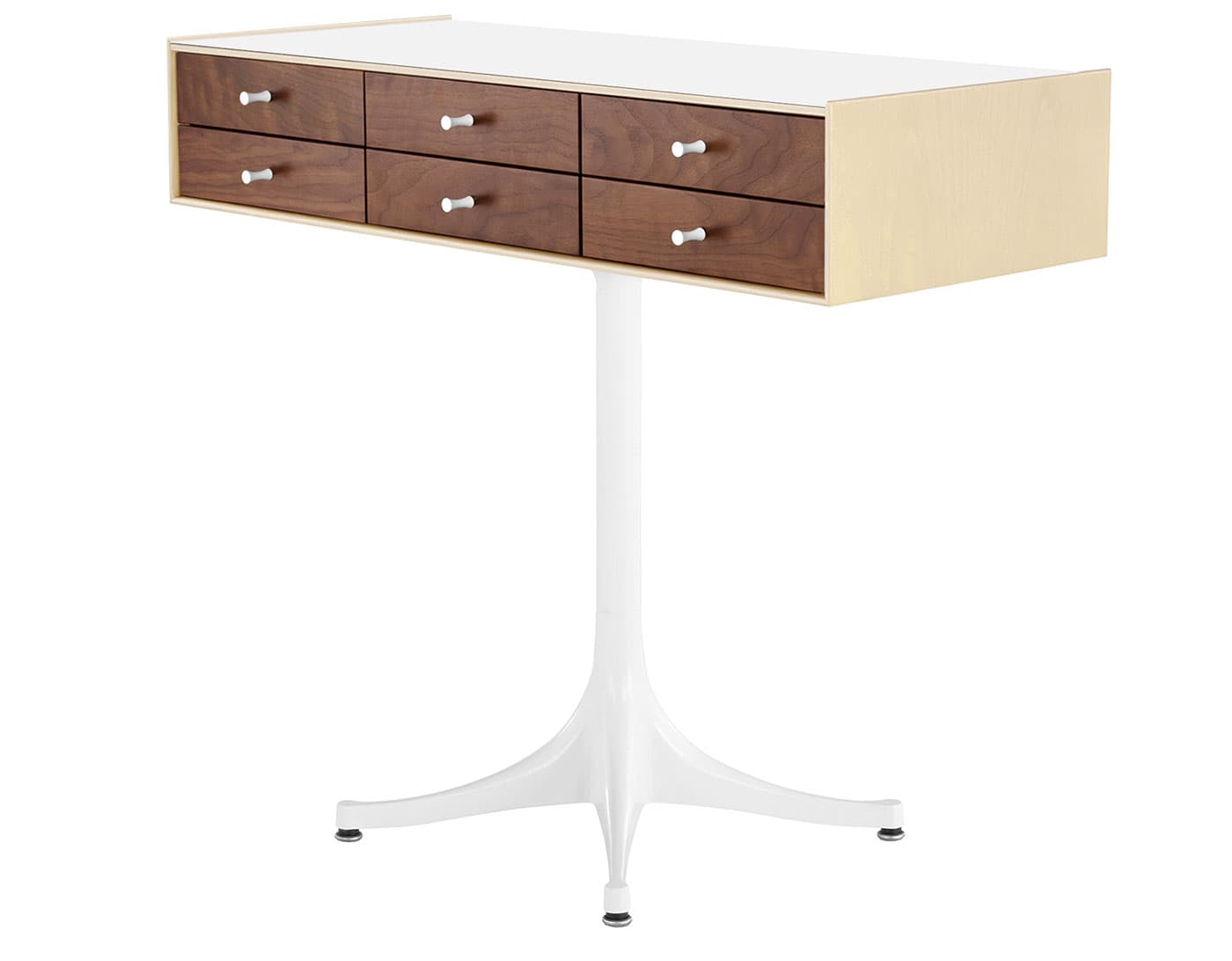 nelson miniature chest 6 drawer / white ash case & walnut drawers combination  / studio white  / studio white pedestal base  / studio white laminate