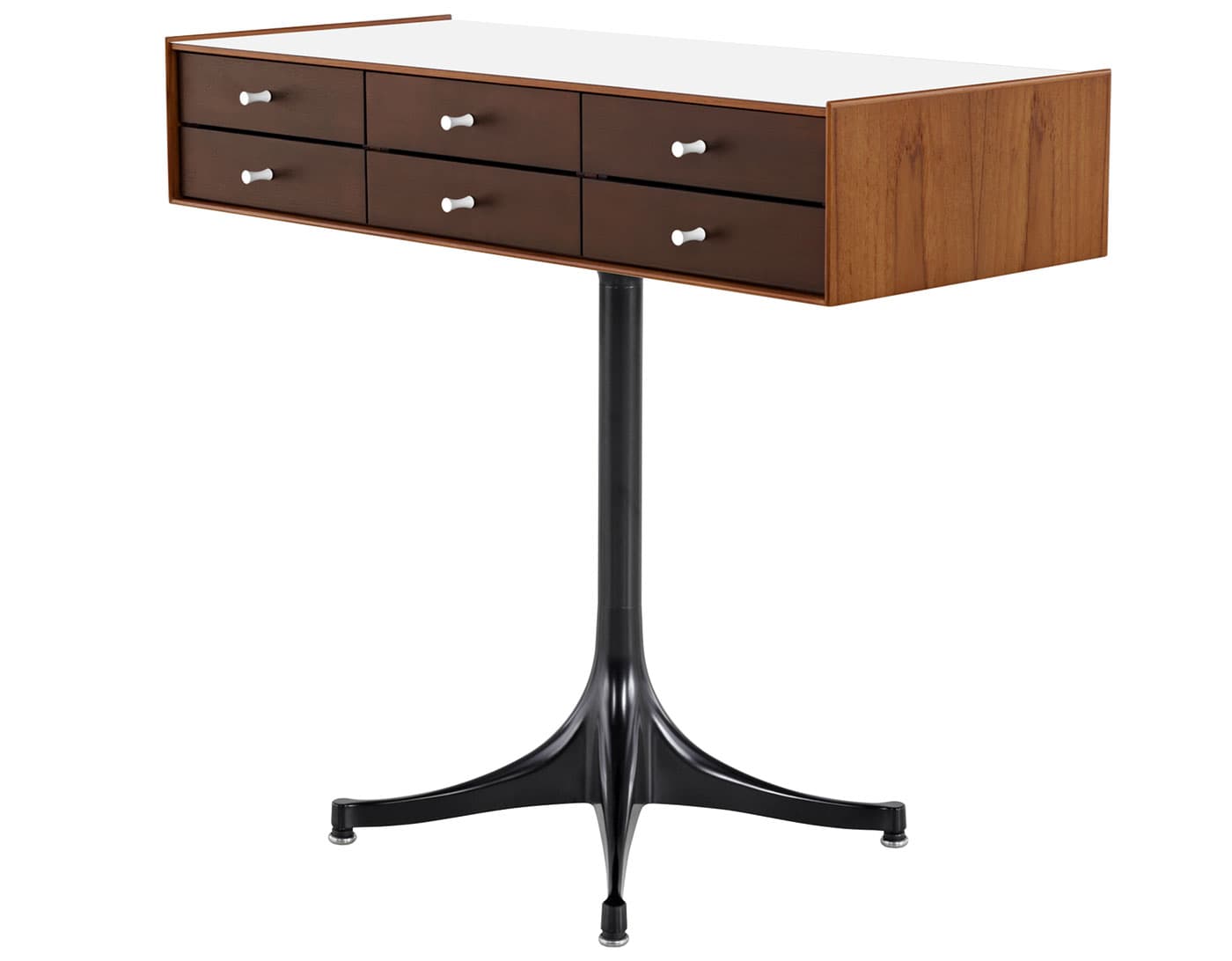 nelson miniature chest 6 drawer / teak case & dark brown teak drawers combination  / studio white  / black pedestal base  / studio white laminate