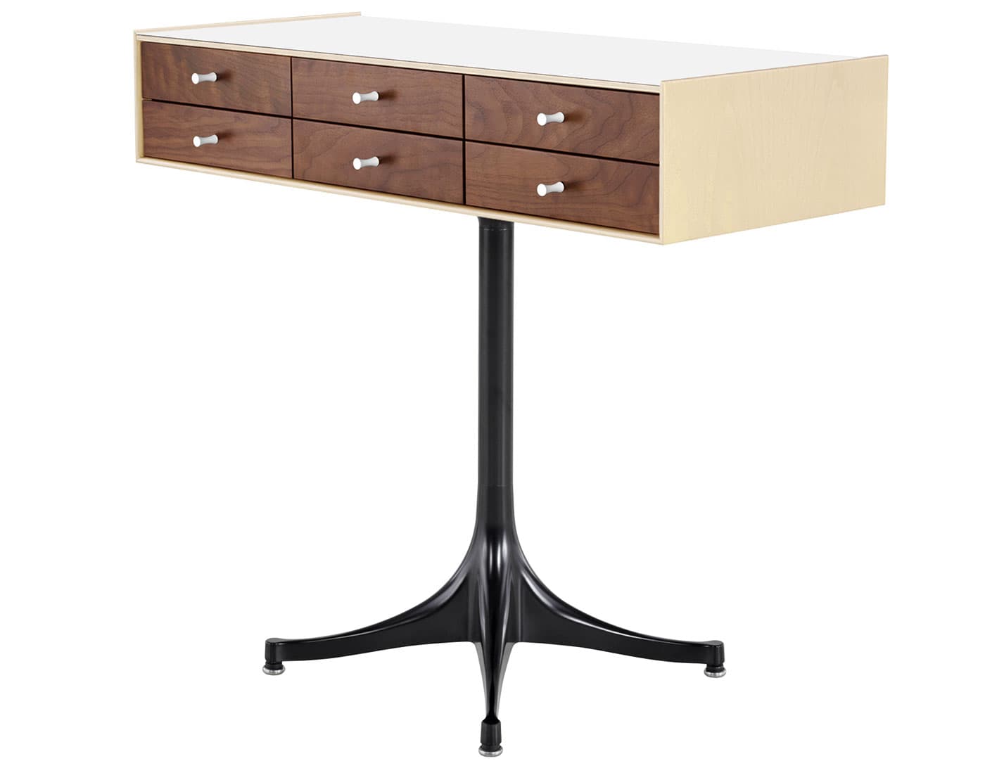 nelson miniature chest 6 drawer / white ash case & walnut drawers combination  / studio white  / black pedestal base  / studio white laminate