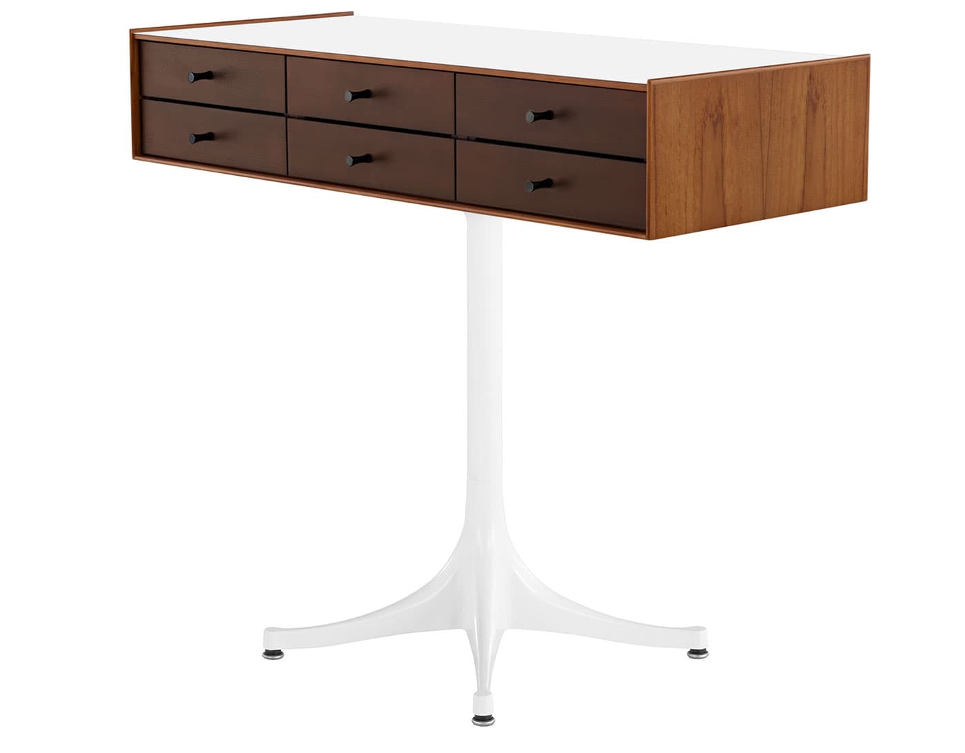nelson miniature chest 6 drawer / teak case & dark brown teak drawers combination  / black  / studio white pedestal base  / studio white laminate