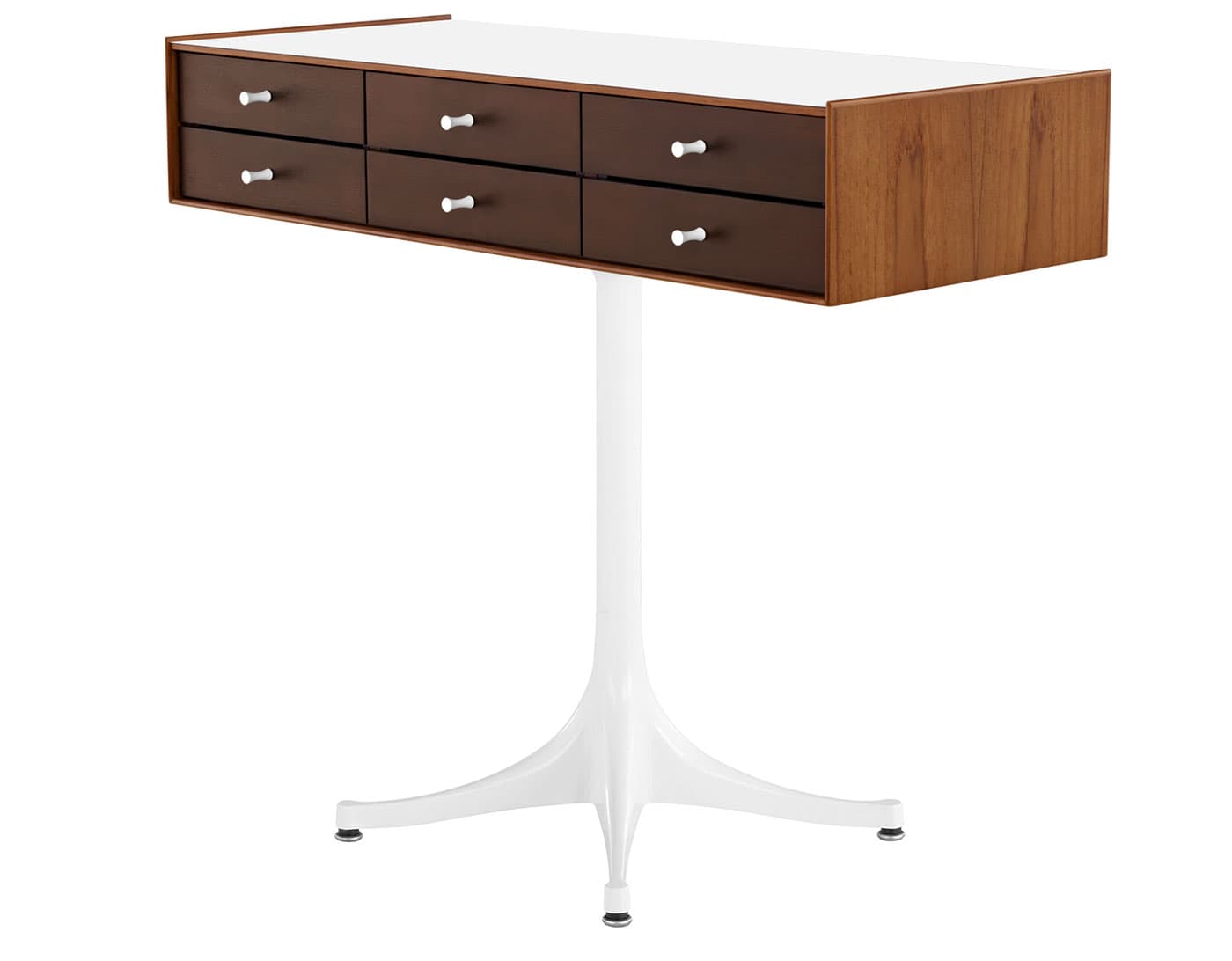 nelson miniature chest 6 drawer / teak case & dark brown teak drawers combination  / studio white  / studio white pedestal base  / studio white laminate