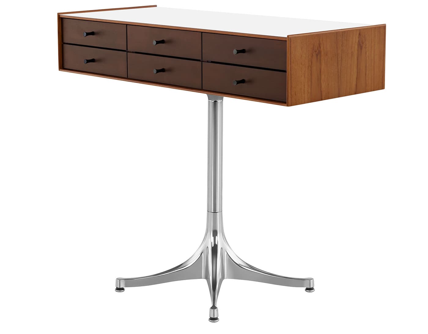 nelson miniature chest 6 drawer / teak case & dark brown teak drawers combination  / black  / polished aluminum pedestal base  / studio white laminate