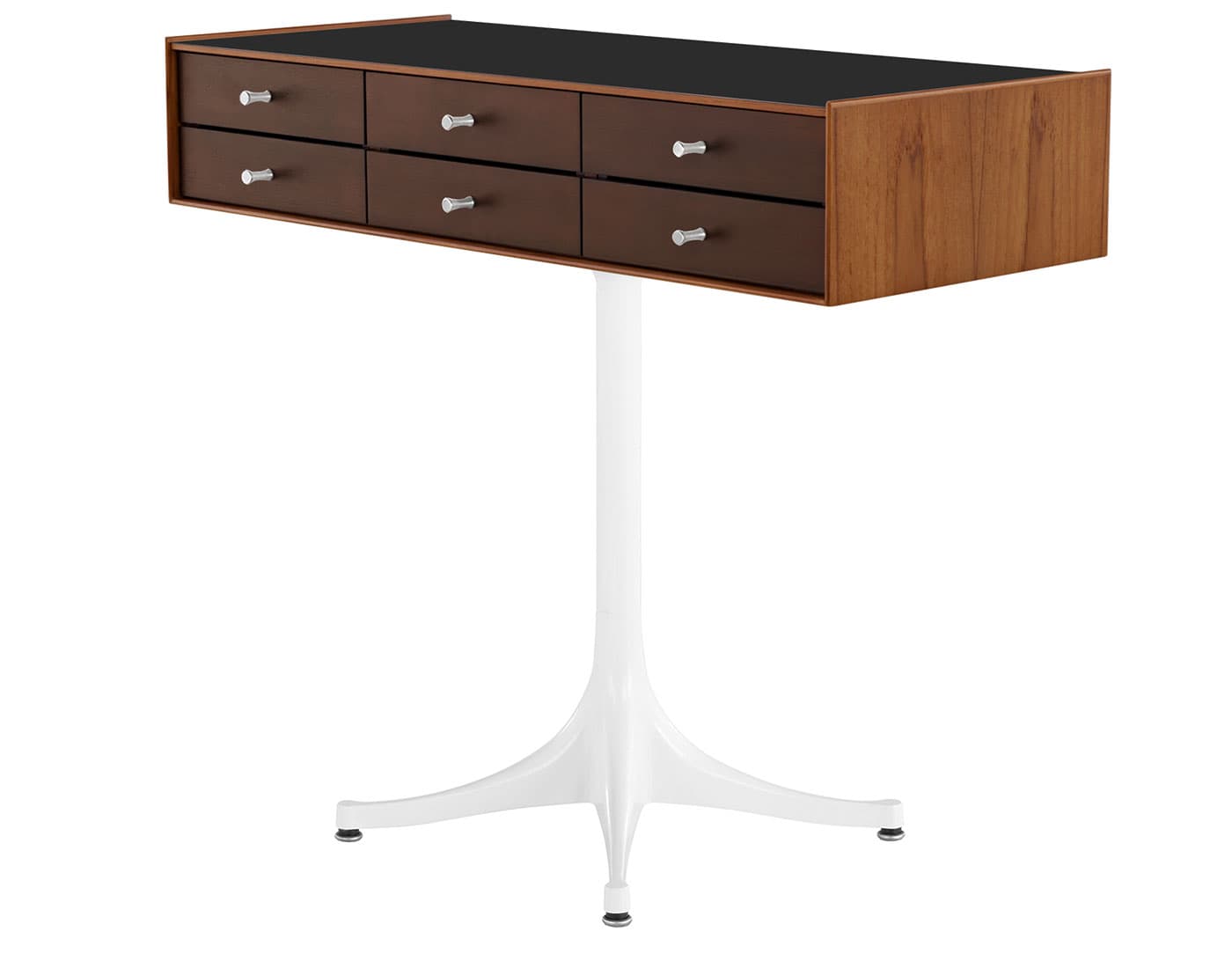 nelson miniature chest 6 drawer / teak case & dark brown teak drawers combination  / polished aluminum  / studio white pedestal base  / black laminate
