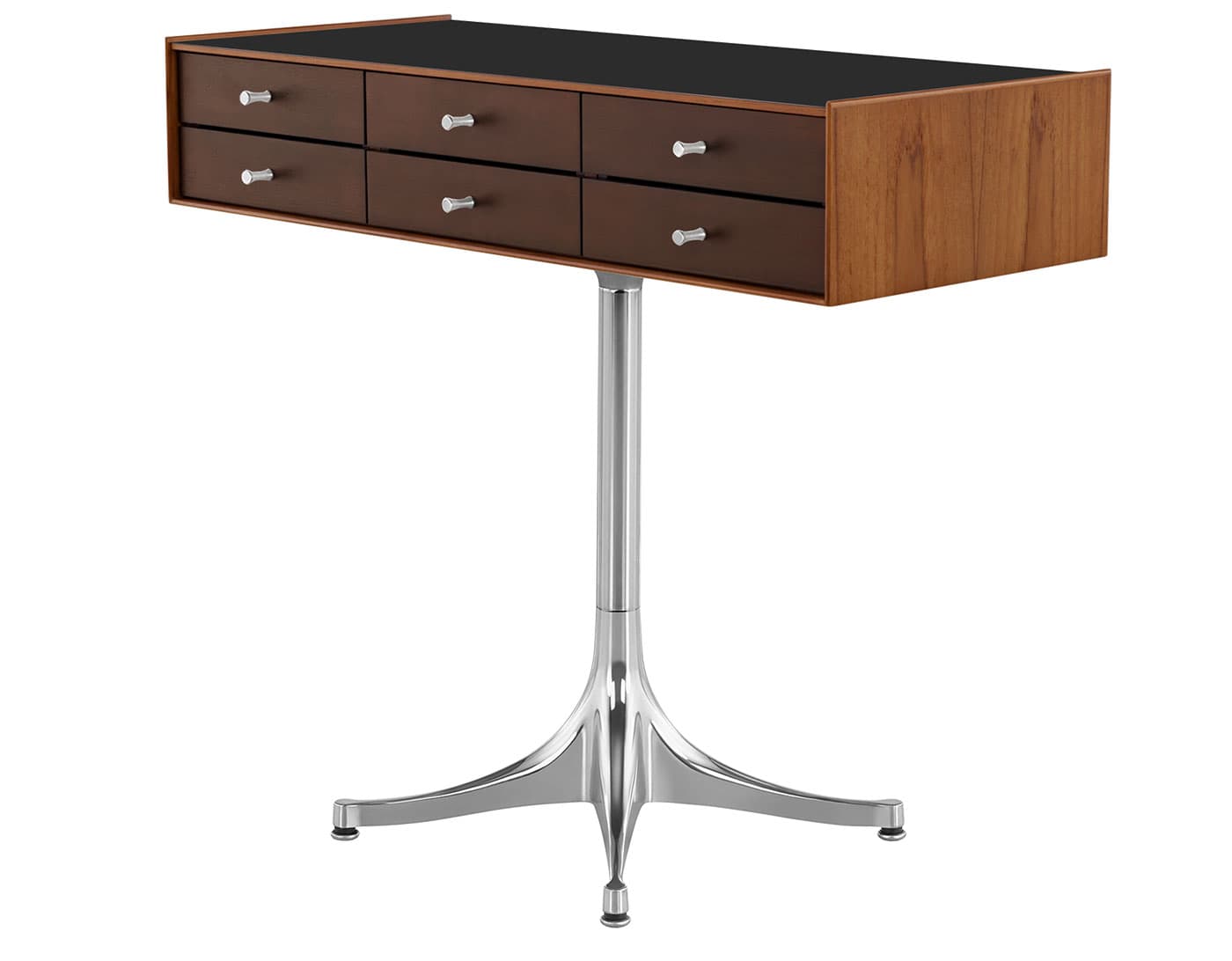 nelson miniature chest 6 drawer / teak case & dark brown teak drawers combination  / polished aluminum  / polished aluminum pedestal base  / black laminate