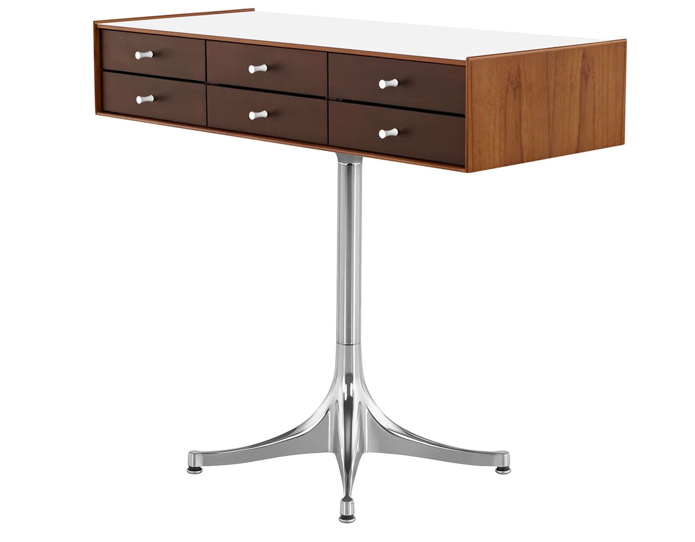 nelson miniature chest 6 drawer / teak case & dark brown teak drawers combination  / studio white  / polished aluminum pedestal base  / studio white laminate