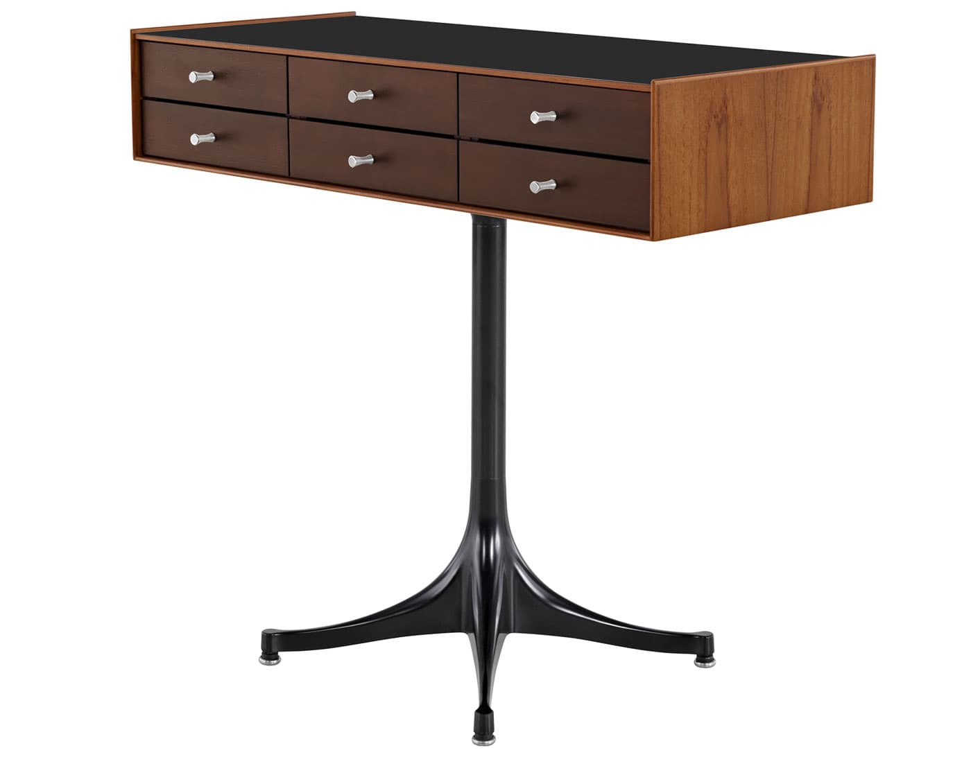 nelson miniature chest 6 drawer / teak case & dark brown teak drawers combination  / polished aluminum  / black pedestal base  / black laminate