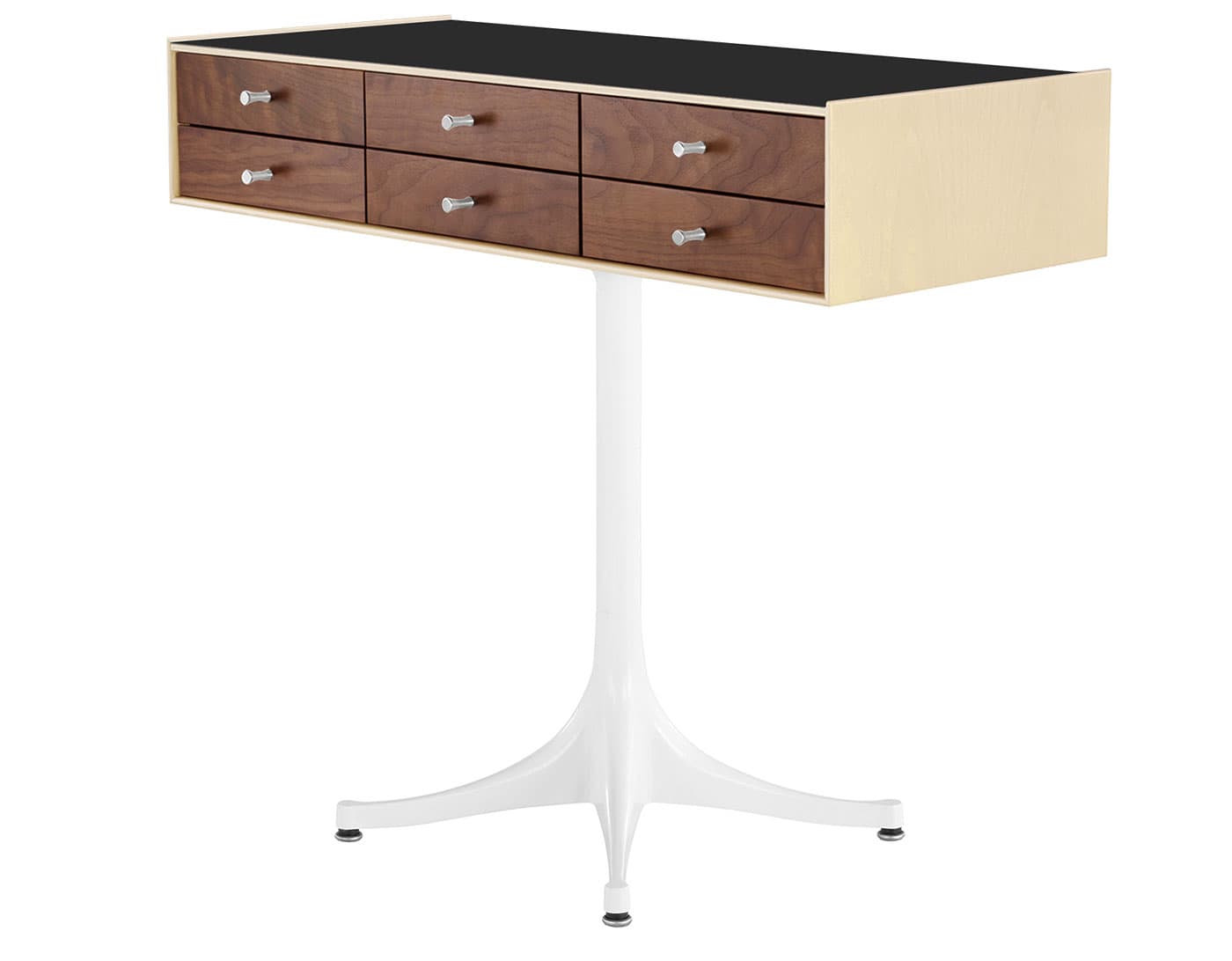 nelson miniature chest 6 drawer / white ash case & walnut drawers combination  / polished aluminum  / studio white pedestal base  / black laminate