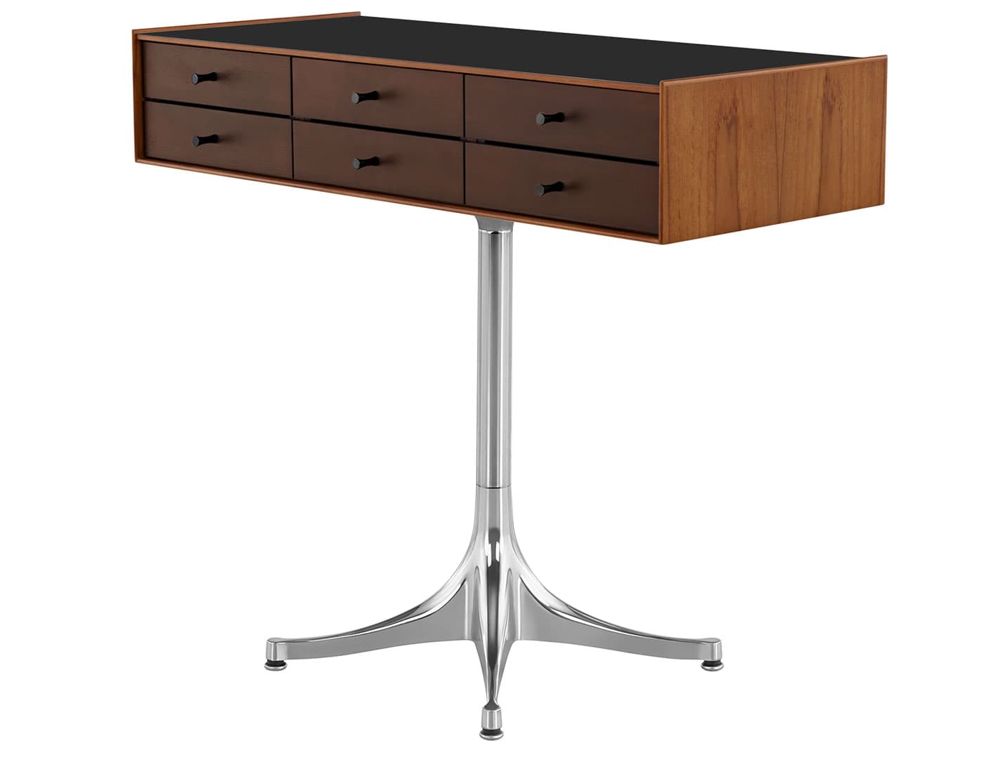 nelson miniature chest 6 drawer / teak case & dark brown teak drawers combination  / black  / polished aluminum pedestal base  / black laminate