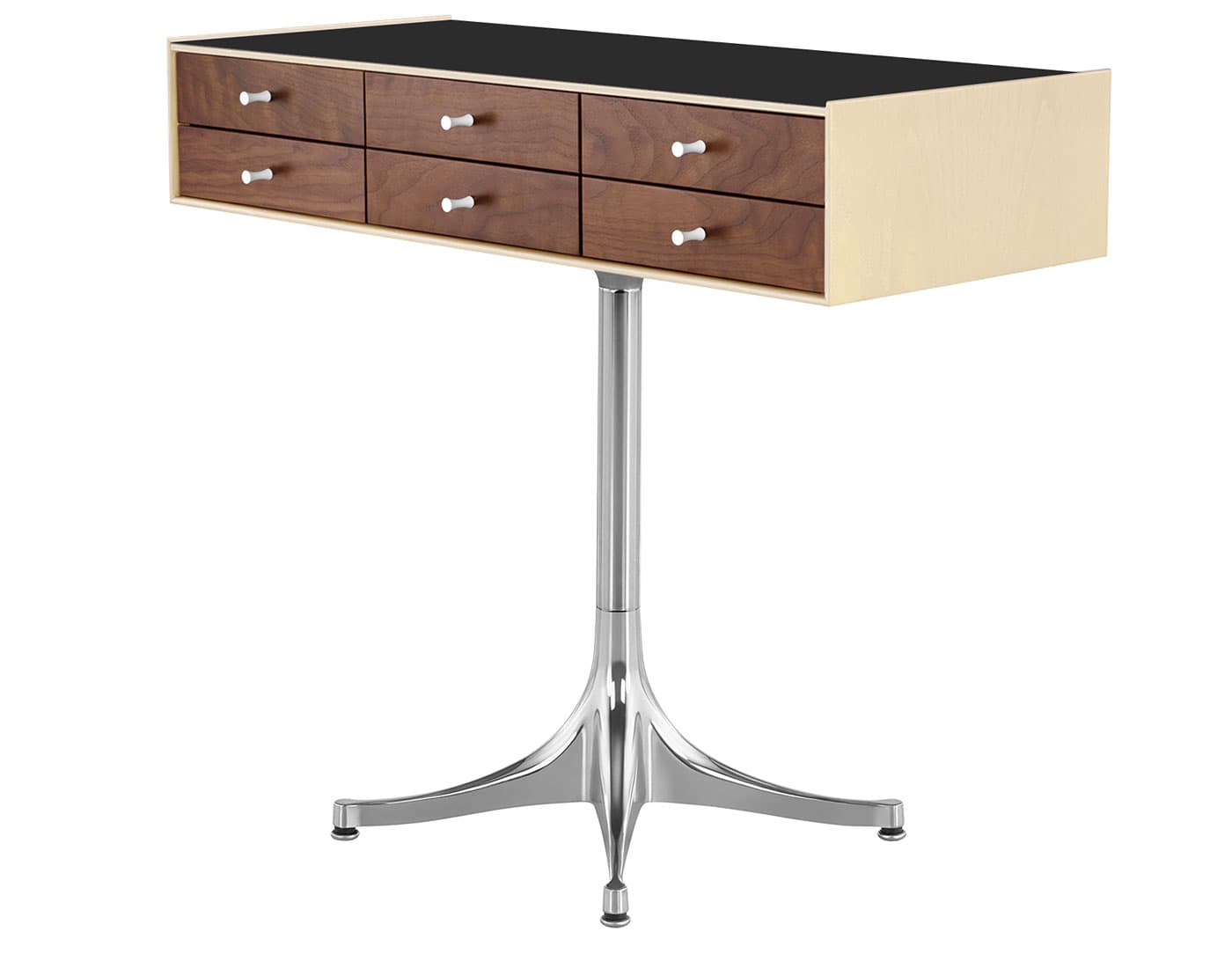 nelson miniature chest 6 drawer / white ash case & walnut drawers combination  / studio white  / polished aluminum pedestal base  / black laminate