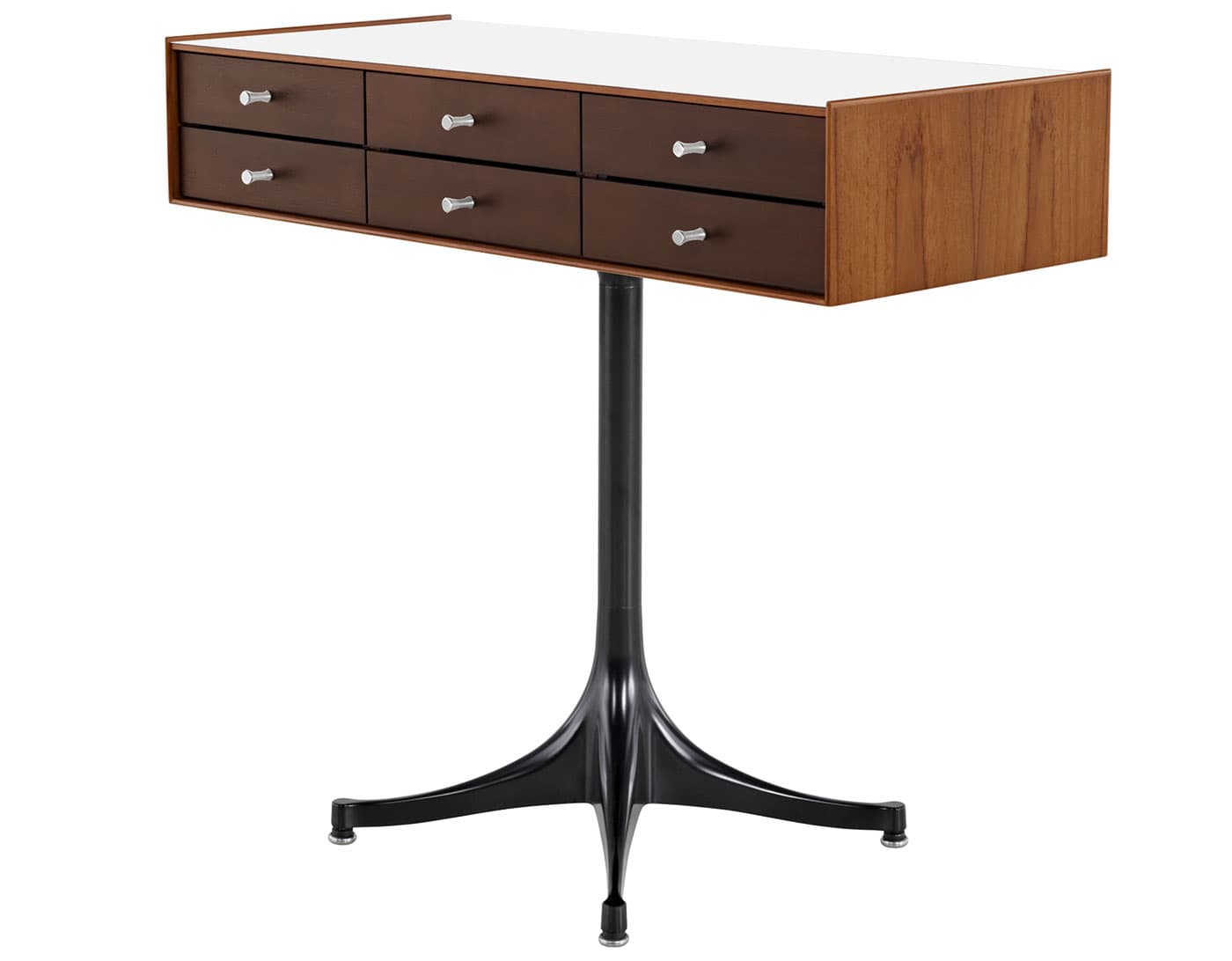 nelson miniature chest 6 drawer / teak case & dark brown teak drawers combination  / polished aluminum  / black pedestal base  / studio white laminate