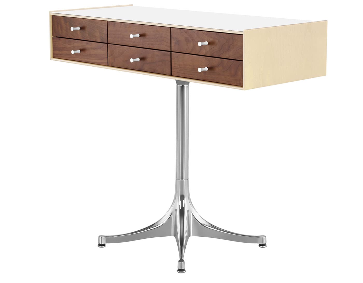 nelson miniature chest 6 drawer / white ash case & walnut drawers combination  / studio white  / polished aluminum pedestal base  / studio white laminate