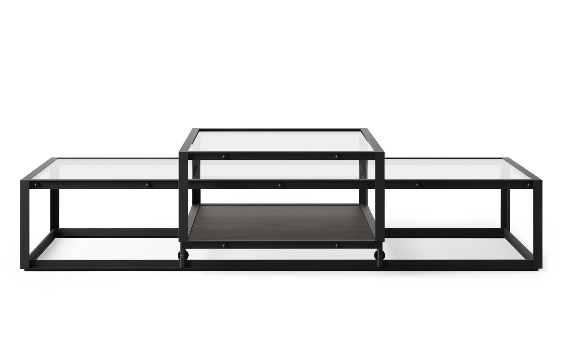 Tangled Coffee Table / large, 63" x  29.1" - black, clear glass / dark brown oak