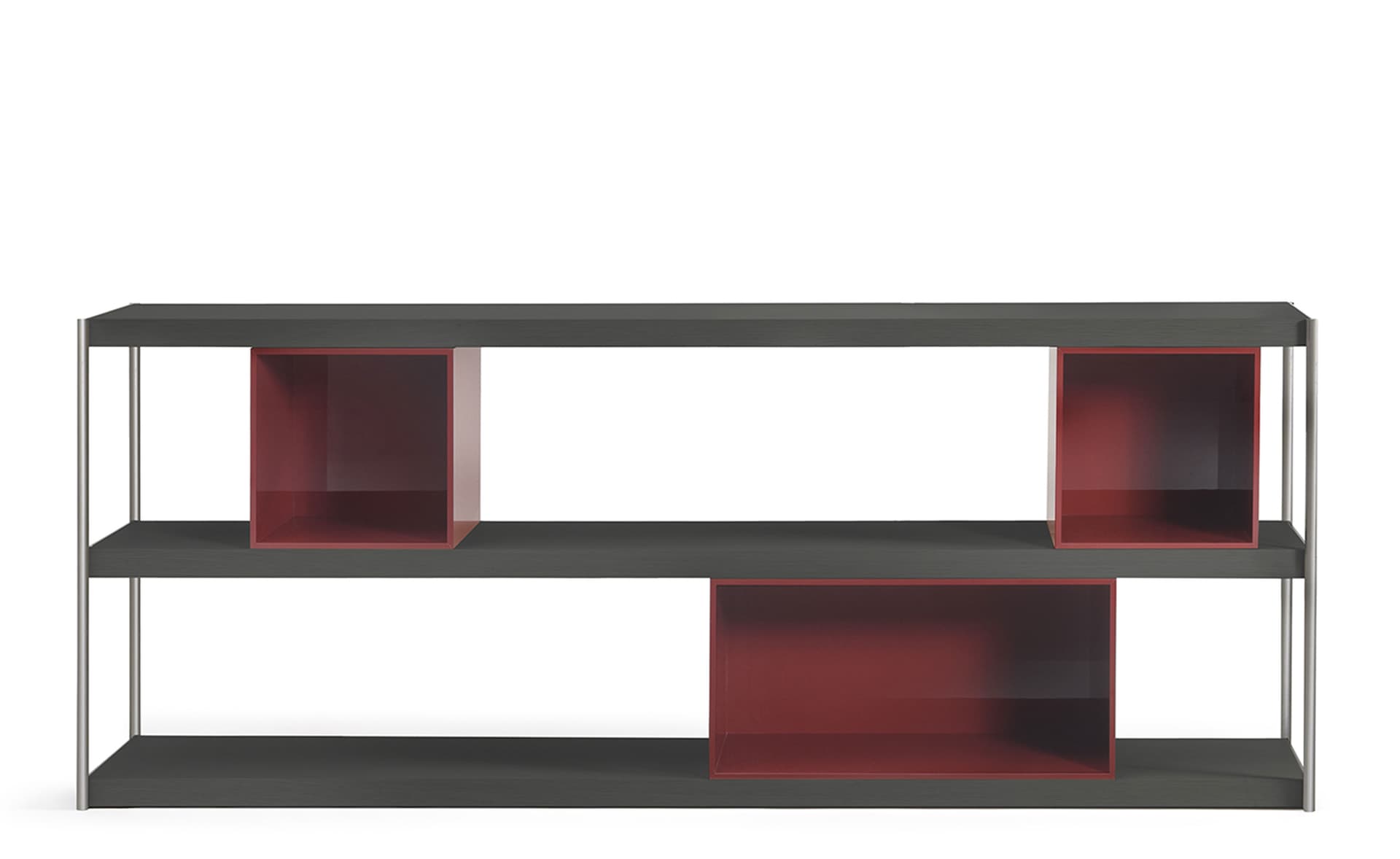 Low, 3 shelf unit / dark wood / 2x square boxes, burgundy, 1x rectangle box, burgundy